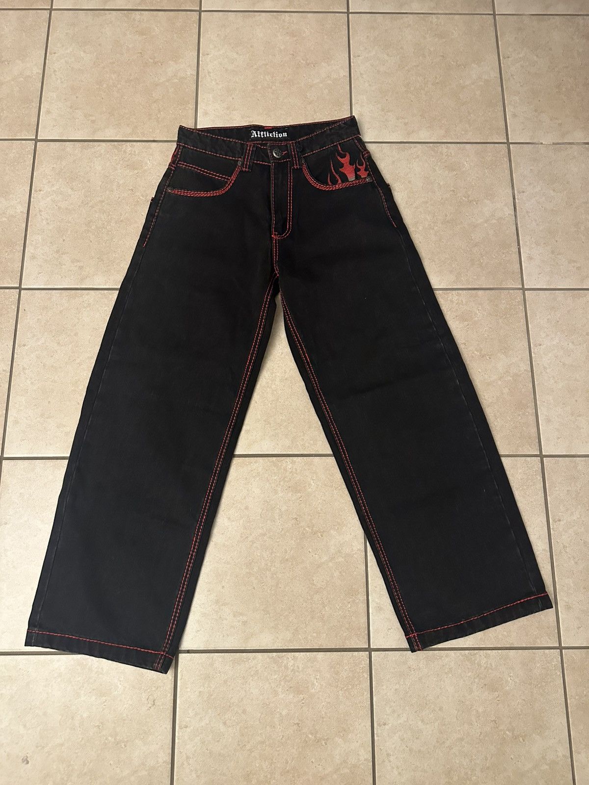 Affliction Affliction "Dante" Black Baggy Jeans - Red Contrast Stitch Size US 28 / EU 44 - 1 Thumbnail