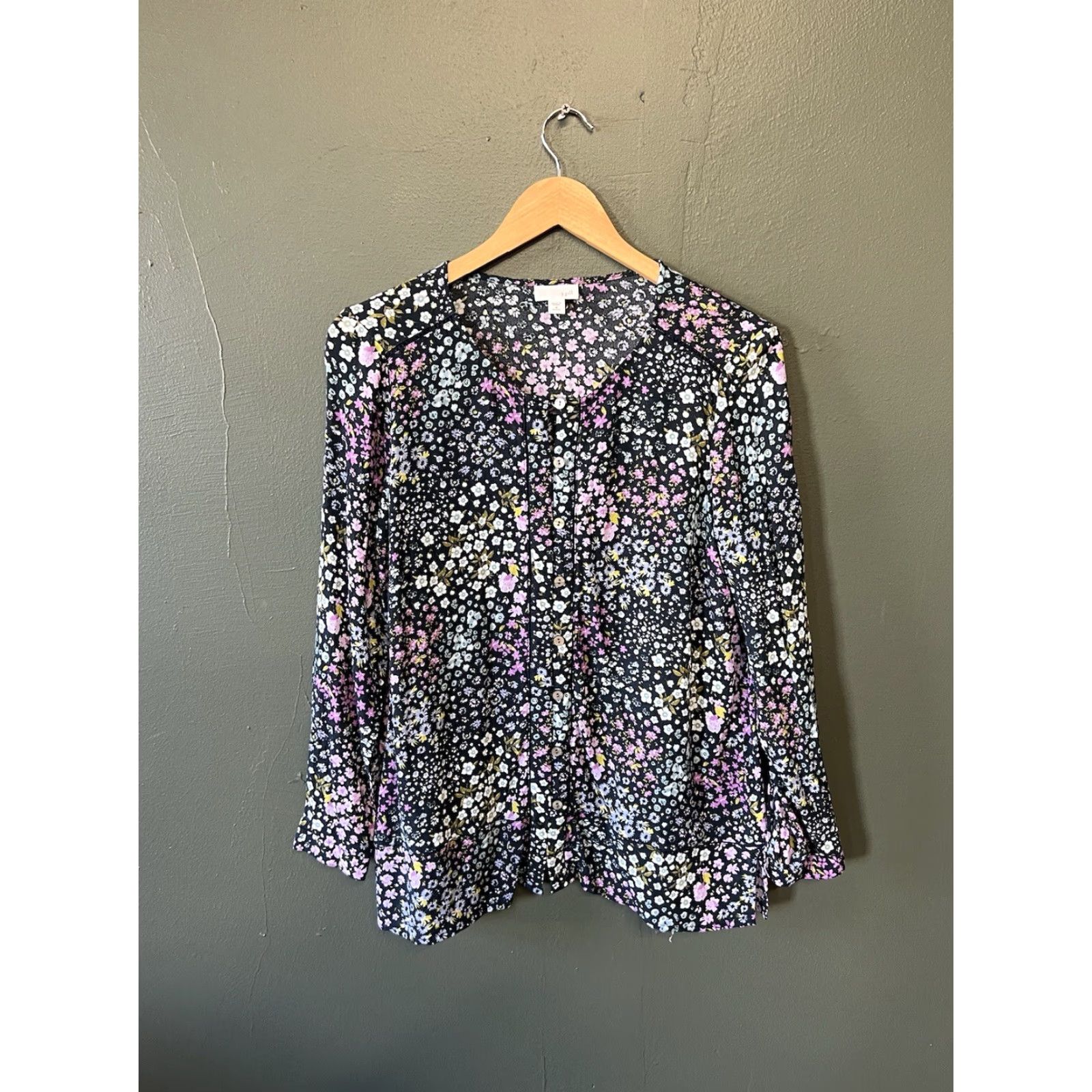 J. Jill J. Jill Womens Black Floral Pattern Long Sleeve Button-Up Blouse Size M Size M / US 6-8 / IT 42-44 - 2 Thumbnail
