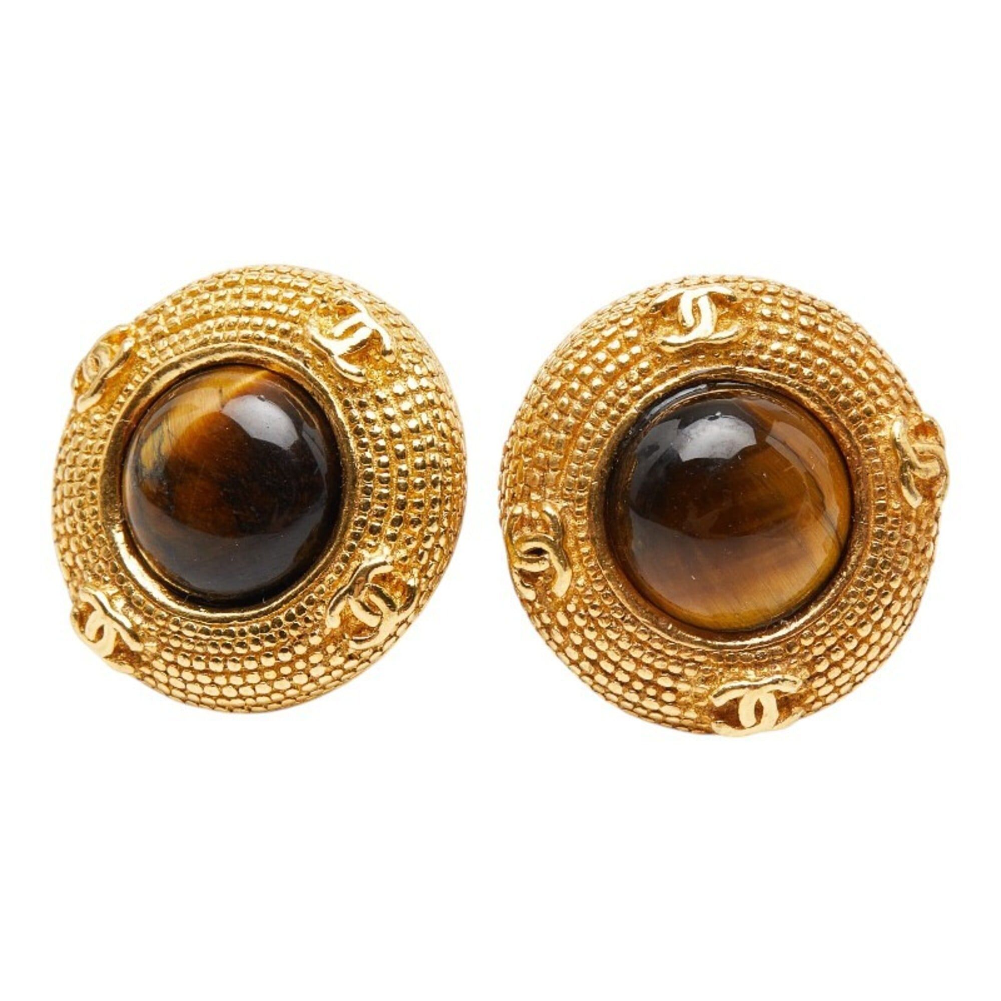 Chanel Chanel Coco Mark Earrings, Gold Plated, Tiger Eye, Women's CHANEL Size ONE SIZE - 1 Thumbnail