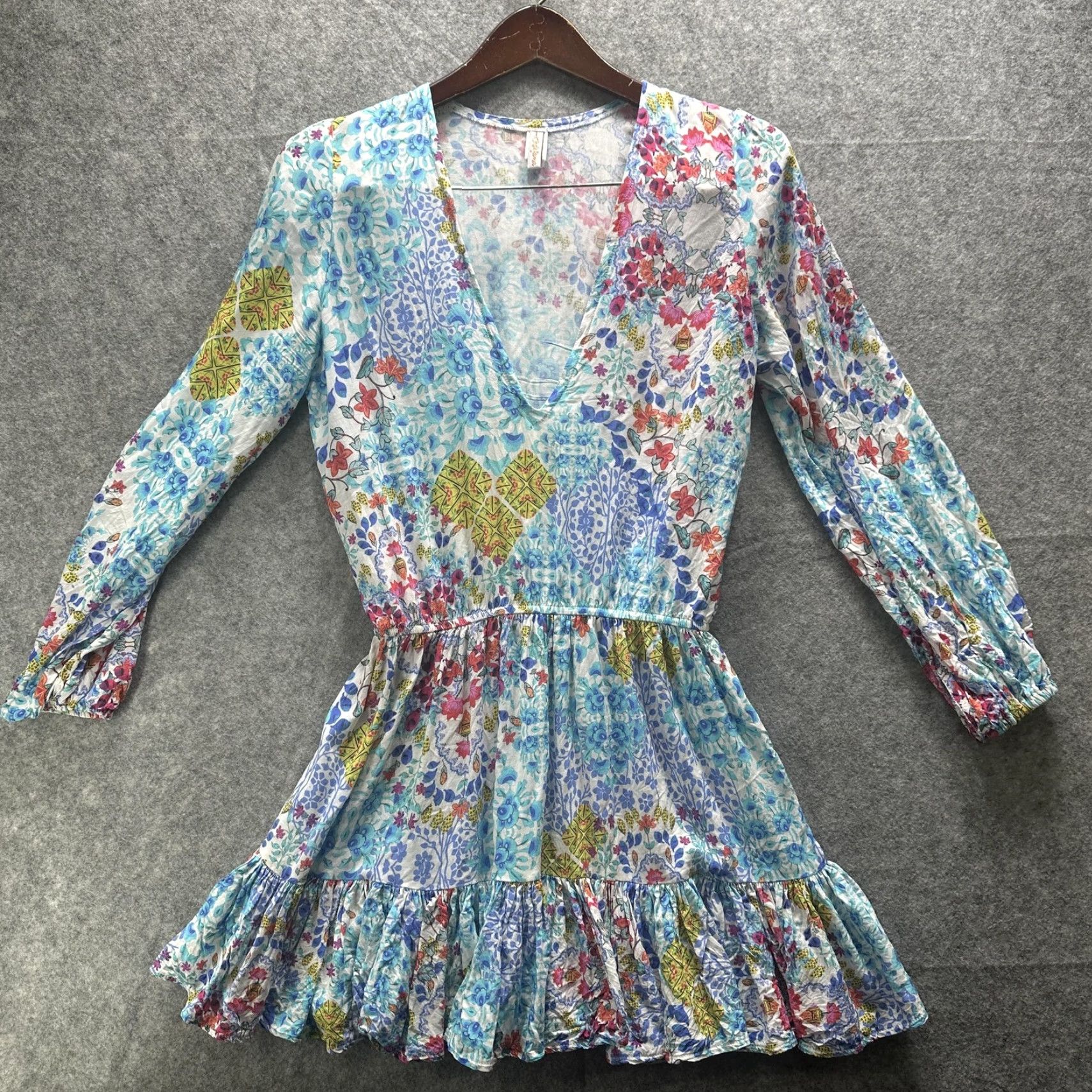 Vintage Luli Fama Dress Womens M Blue Floral Boho Ruffle Hem Long Sleeve Mini Beach Size M / US 6-8 / IT 42-44 - 2 Thumbnail