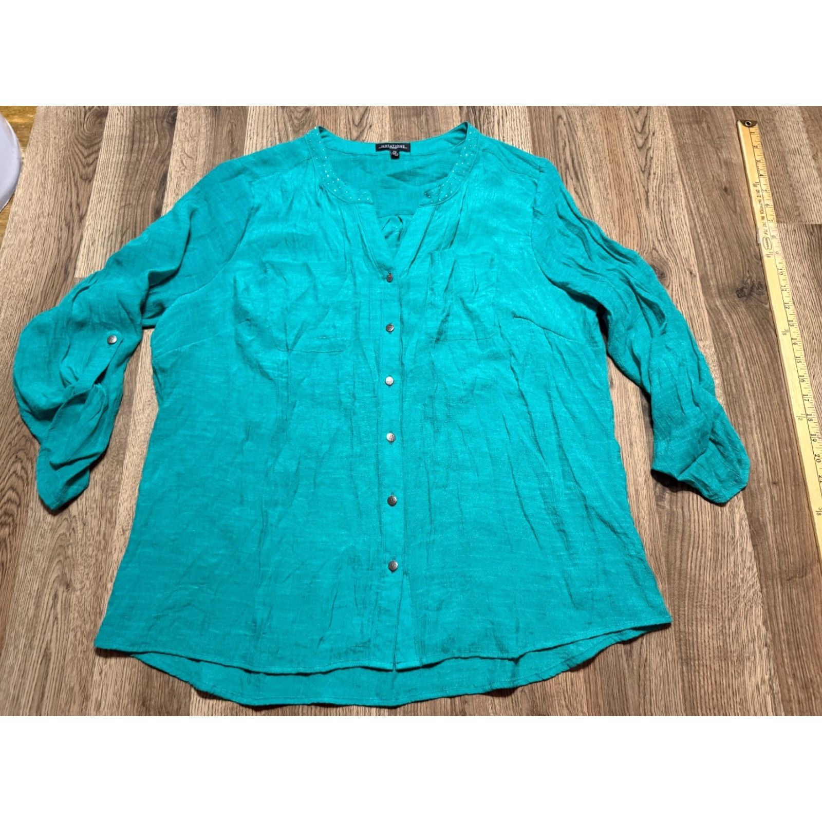 Vintage Notations Shirts Women's Size 2X Green Long Sleeve Button Up Gems on Collar Womens Size XXL / US 16-18 / IT 52-54 - 2 Thumbnail