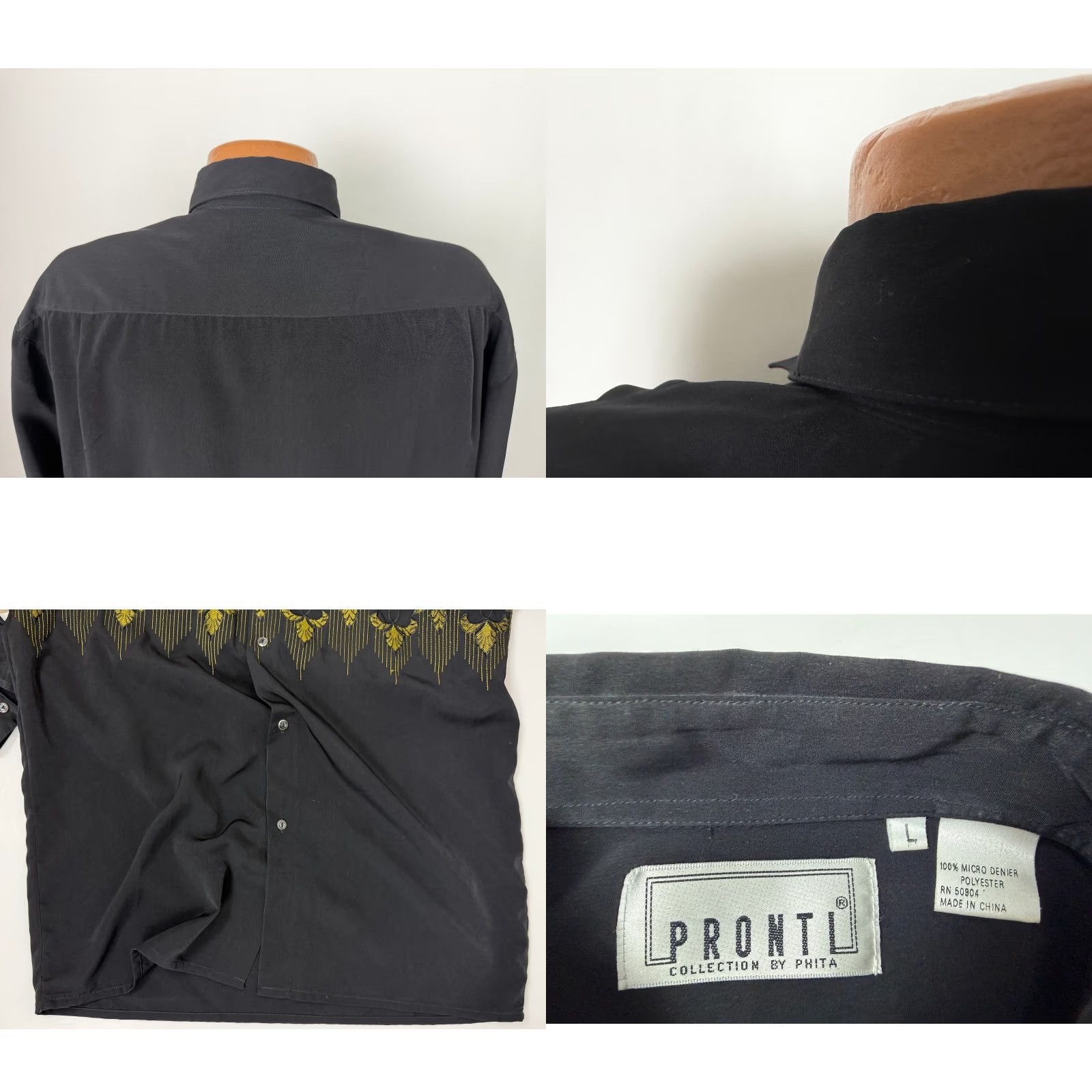 Vintage VINTAGE Pronti Shirt Men L Embroidered 90s Floral Silky Polyester Button-Up Collar-Point Black X-Features: Lightweight, Microfiber, Durable? Size US L / EU 52-54 / 3 - 8 Thumbnail