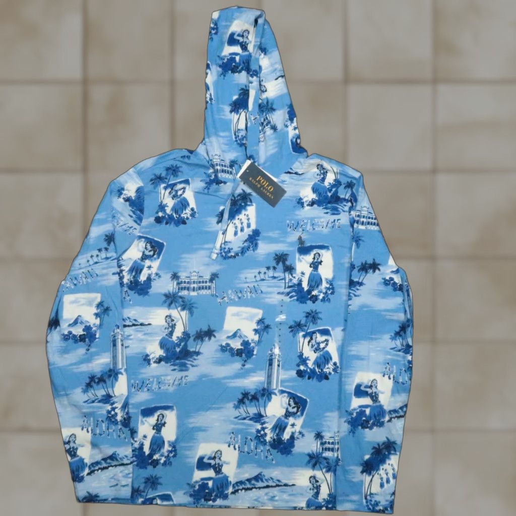 VINTAGE Polo Ralph Lauren Hoodie Mens Medium Hawaiian Hula Aloha Lightweight Hooded NWT