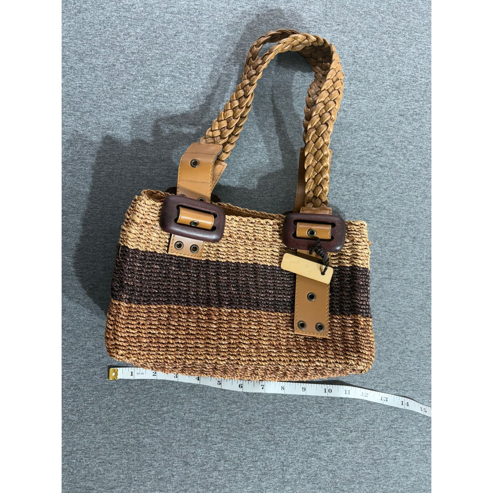 Nine West NINE WEST | Women's Brown Woven Straw Canvas Basket Tote Bag Size ONE SIZE - 2 Thumbnail