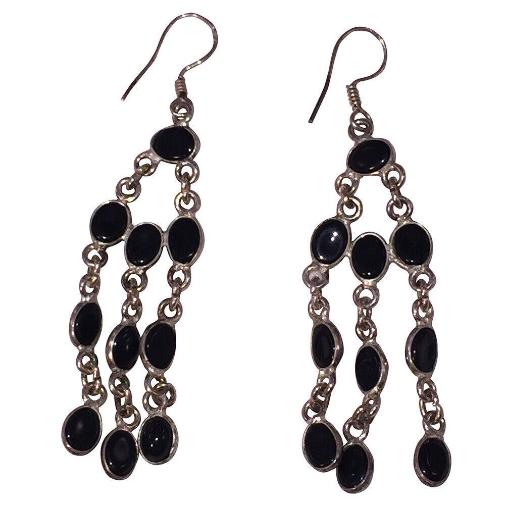 Handmade Sterling Black Onyx Bezel Set Cabochon Chandelier Earrings Size ONE SIZE - 4 Thumbnail