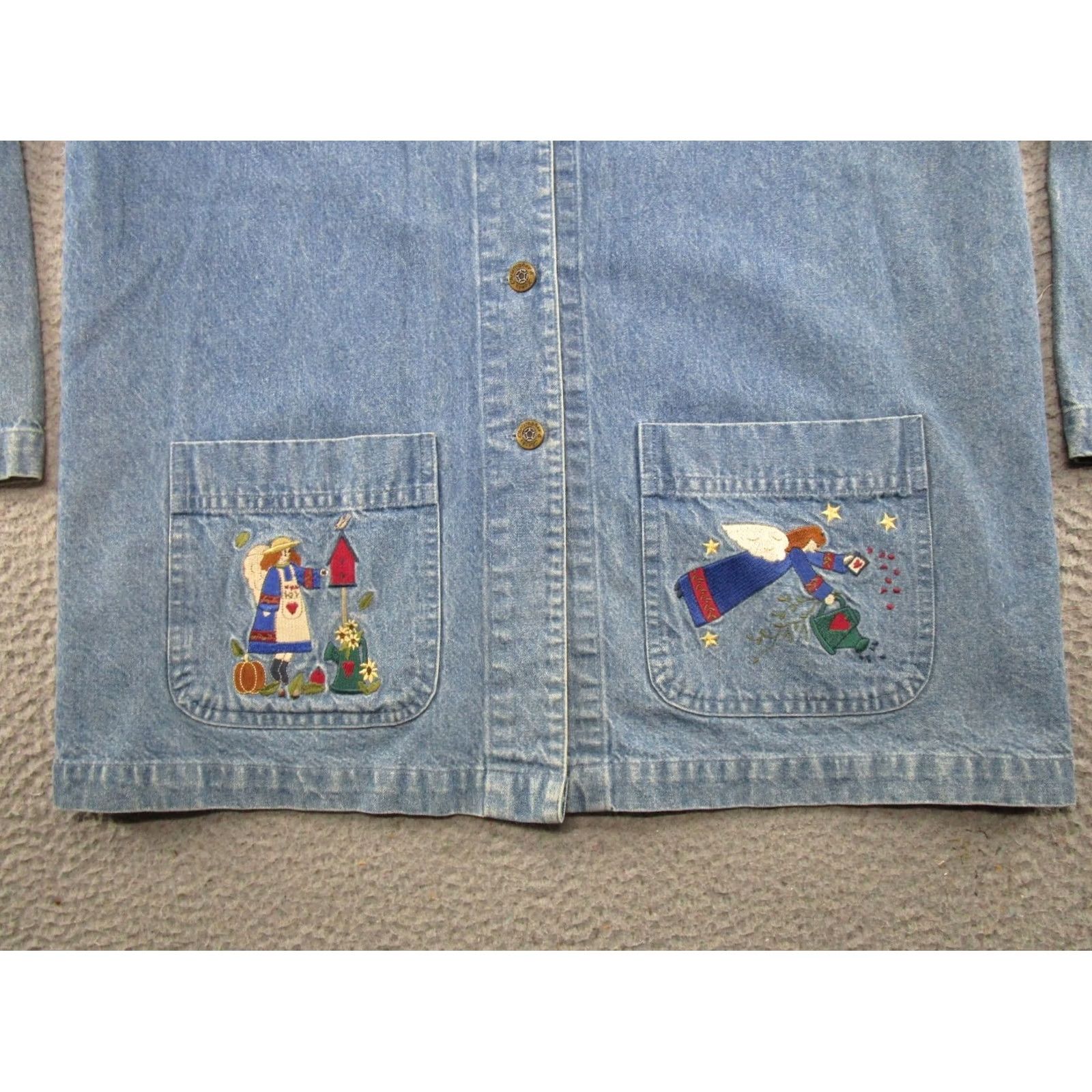 Vintage Christopher & Banks Women's Jacket Denim Blue Embroidered Angels 90s M Denim Jacket Mid-Length Button Cotton Lining Pockets Collared Regular Womens Size 32" / US 10 / IT 46 - 2 Thumbnail