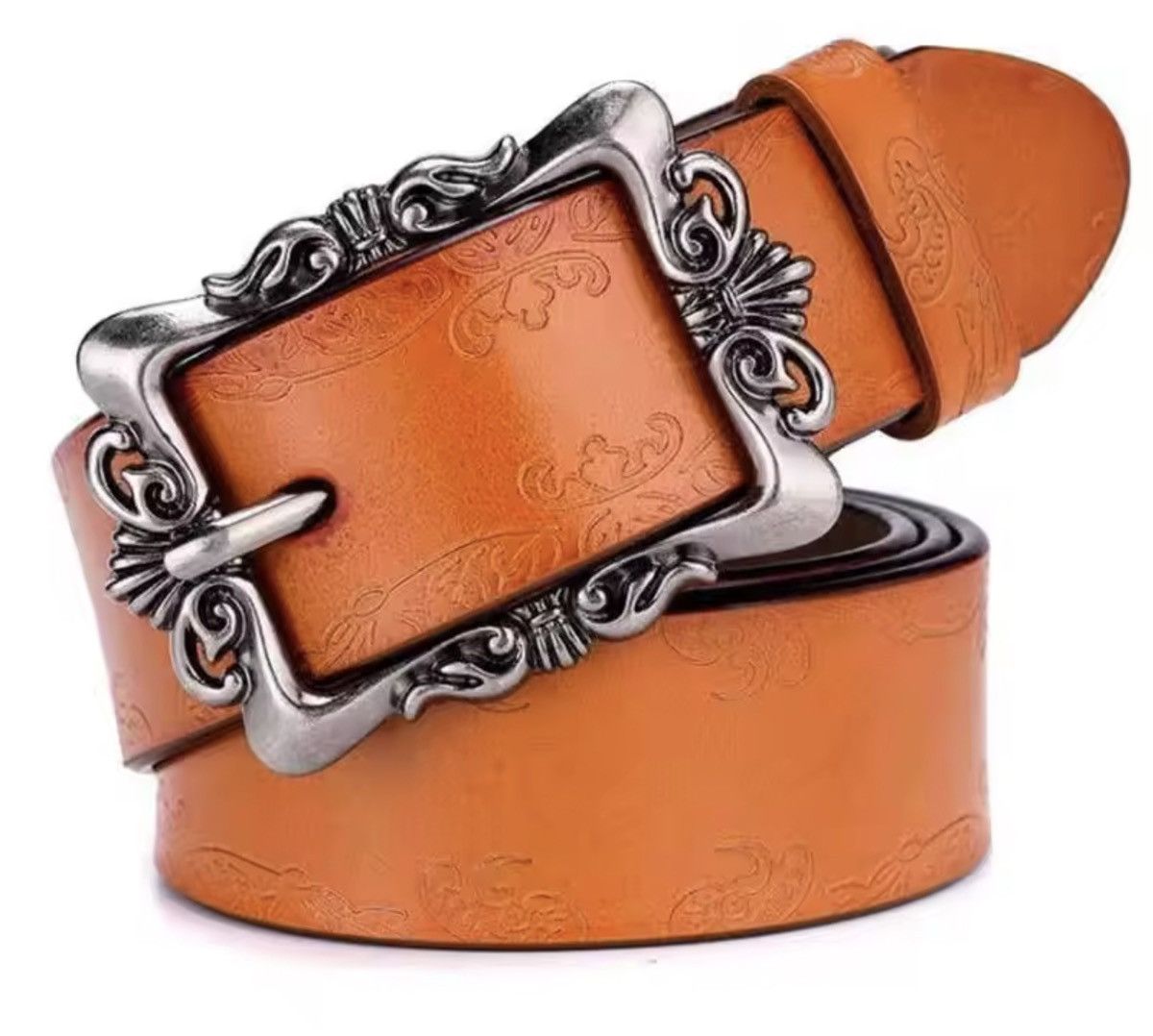 Japanese Brand Floral Embossed Leather Casual Belt 110 cm Size ONE SIZE - 3 Thumbnail