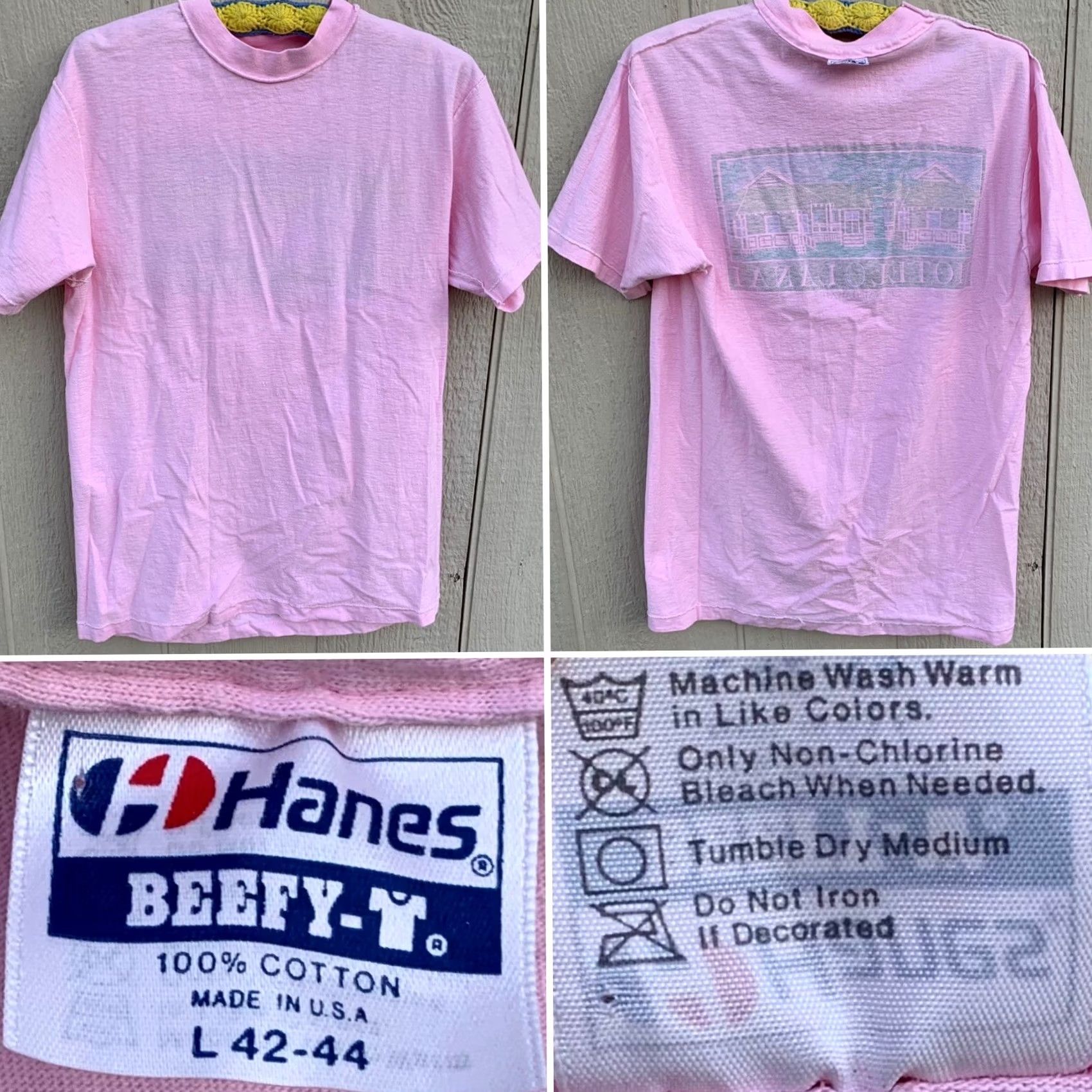 Vintage VINTAGE Hanes Beefy-T T-Shirt Shirt Mens Adult L 42-44 Cotton Pink Hotel Lanai Hawaii 80s 90s Retro Short Sleeve Crew Neck Size US L / EU 52-54 / 3 - 6 Thumbnail