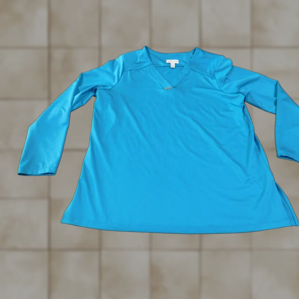 Vintage Susan Graver Blouse Shirt Womens Large Blue V-Neck Pullover Stretch Casual Shirt Women Size L / US 10 / IT 46 - 1 Thumbnail