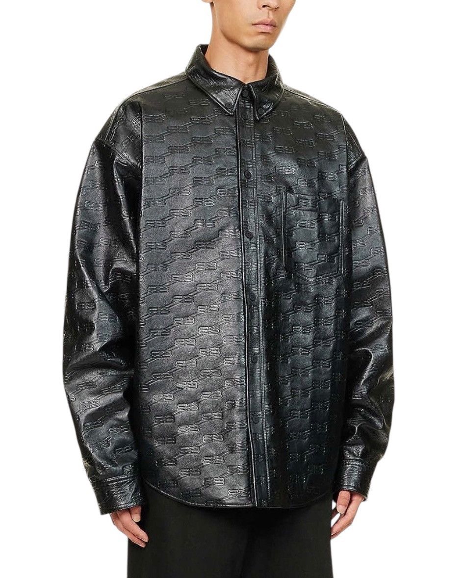 Balenciaga $6,900 Leather Debossed Logo Over Shirt Size US M / EU 48-50 / 2 - 1 Thumbnail