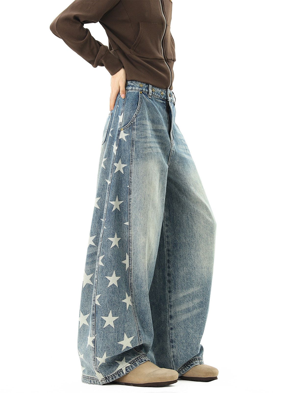 Japanese Brand American High-Street Star-Print Curved-Leg Jeans Size US 32 / EU 48 - 3 Thumbnail