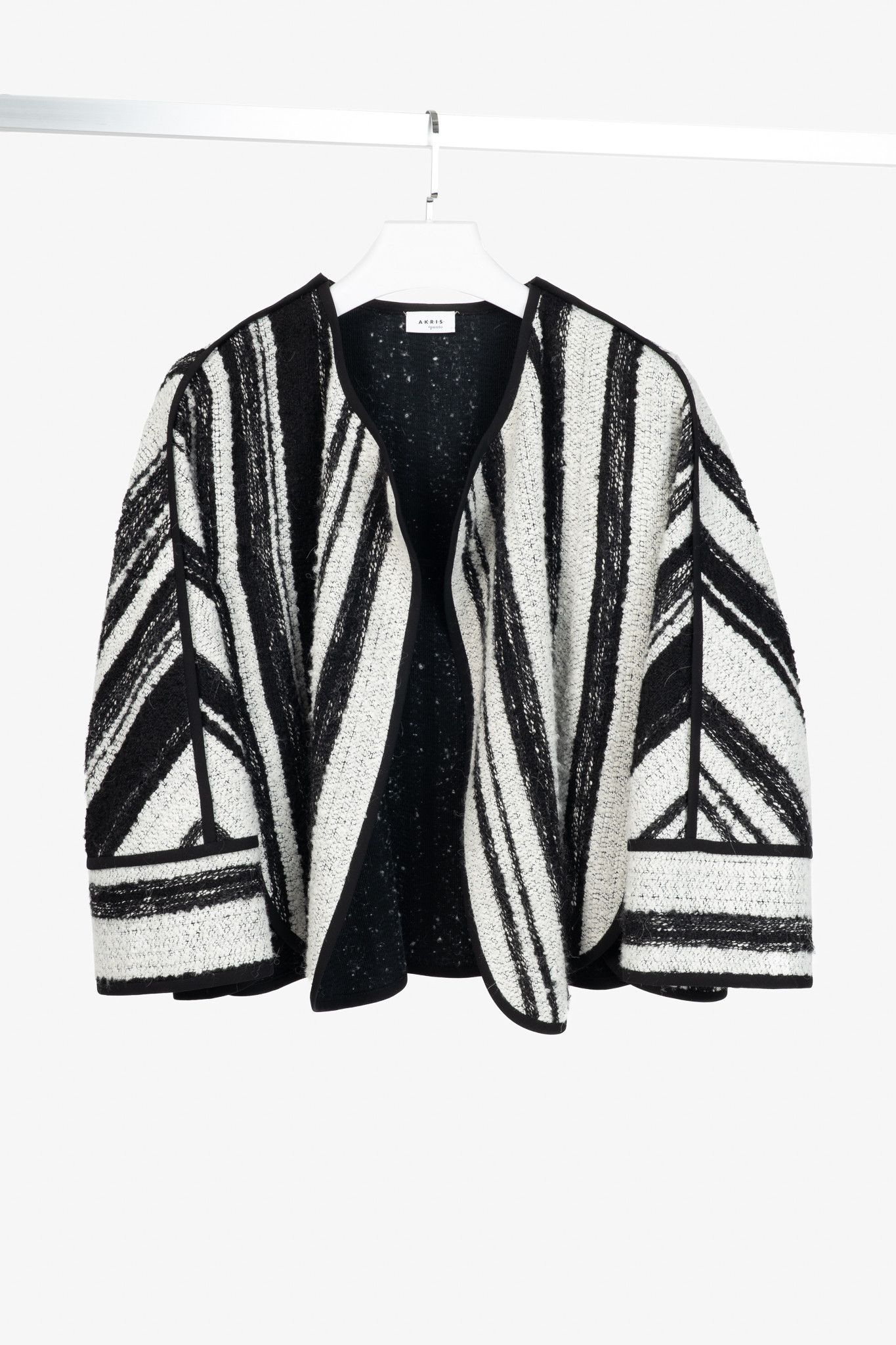 Akris Akris Punto White & Black Striped Cotton Boucle-Tweed Jacket Size L / US 10 / IT 46 - 1 Thumbnail
