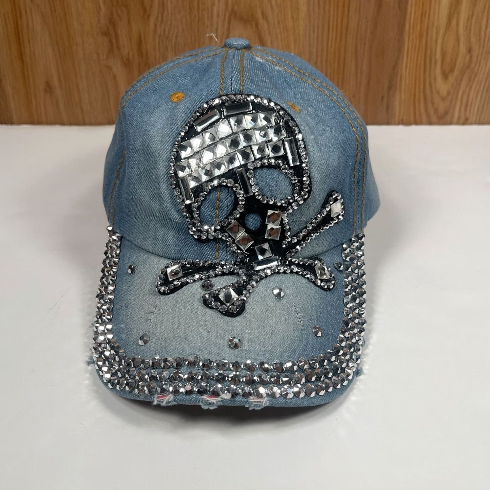 Denime CSI Denim Leather Adjustable StrapBack Hat Cap Woman Rhinestone Skull Blue Shirt? Size ONE SIZE - 2 Thumbnail