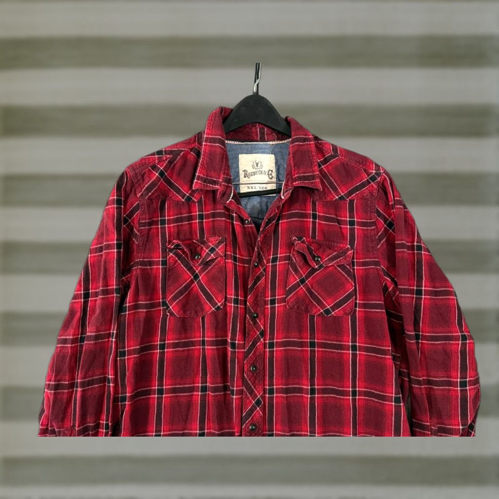 CO VINTAGE Roebuck & Co Western Shirt Mens 2XL Red Plaid Flannel Pearl Snap Long Sleeve Pockets Cowboy Mens Size US XXL / EU 58 / 5 - 1 Thumbnail
