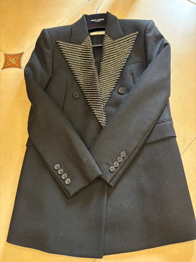 Saint Laurent Paris Stylish Black Wool Blazer with Beaded Collar-2506 Size US M / EU 48-50 / 2 - 1 Thumbnail