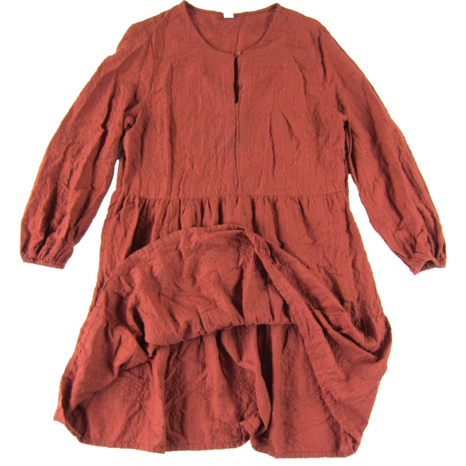 Old Navy Old Navy 100% Cotton Embroidered Brown Tiered Long Sleeve Midi Smock Dress Large Size L / US 10 / IT 46 - 5 Thumbnail