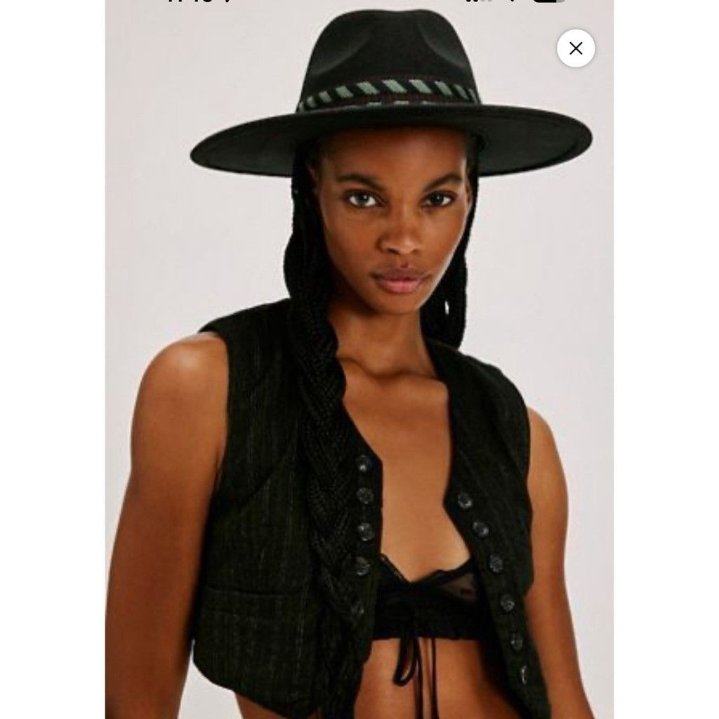 Free People NWOT Free People Wide-Brim Wool Hat – Black with Green Band Size ONE SIZE - 3 Thumbnail