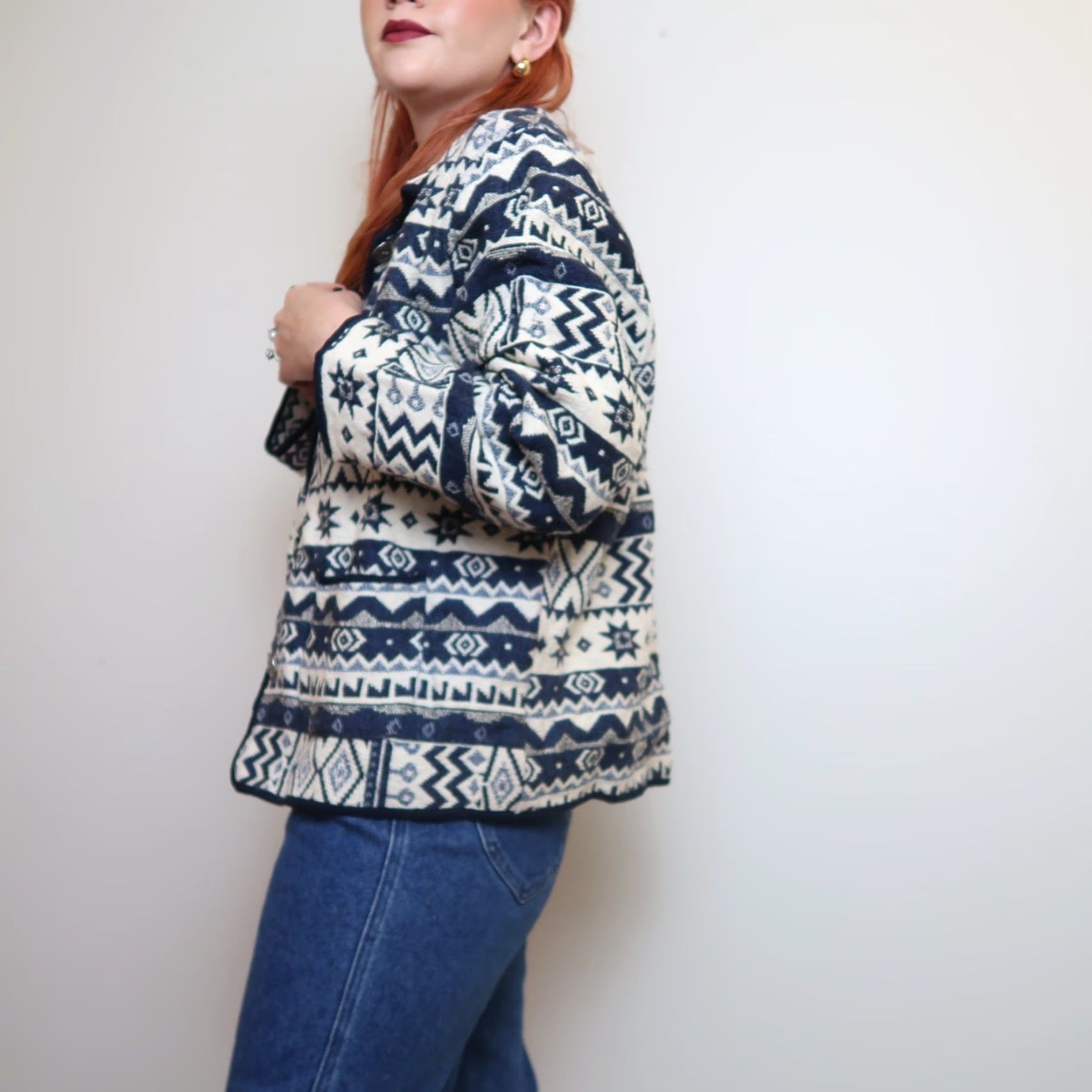 Vintage VINTAGE 90s blue and cream tapestry jacket coat Jane Ashley 1X XL Geometric Cotton Casual Mens Womens Adults? Size XL / US 12-14 / IT 48-50 - 2 Thumbnail