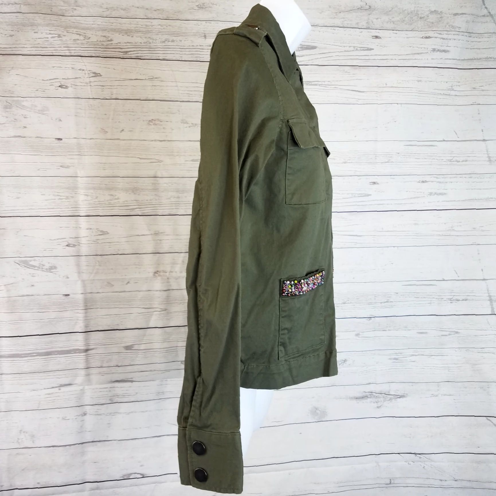 Vintage A New Day Womens Top XS Green Beaded Snap Buttons Long Sleeve Cotton Blend Blouse Velcro? Size XS / US 0-2 / IT 36-38 - 3 Thumbnail