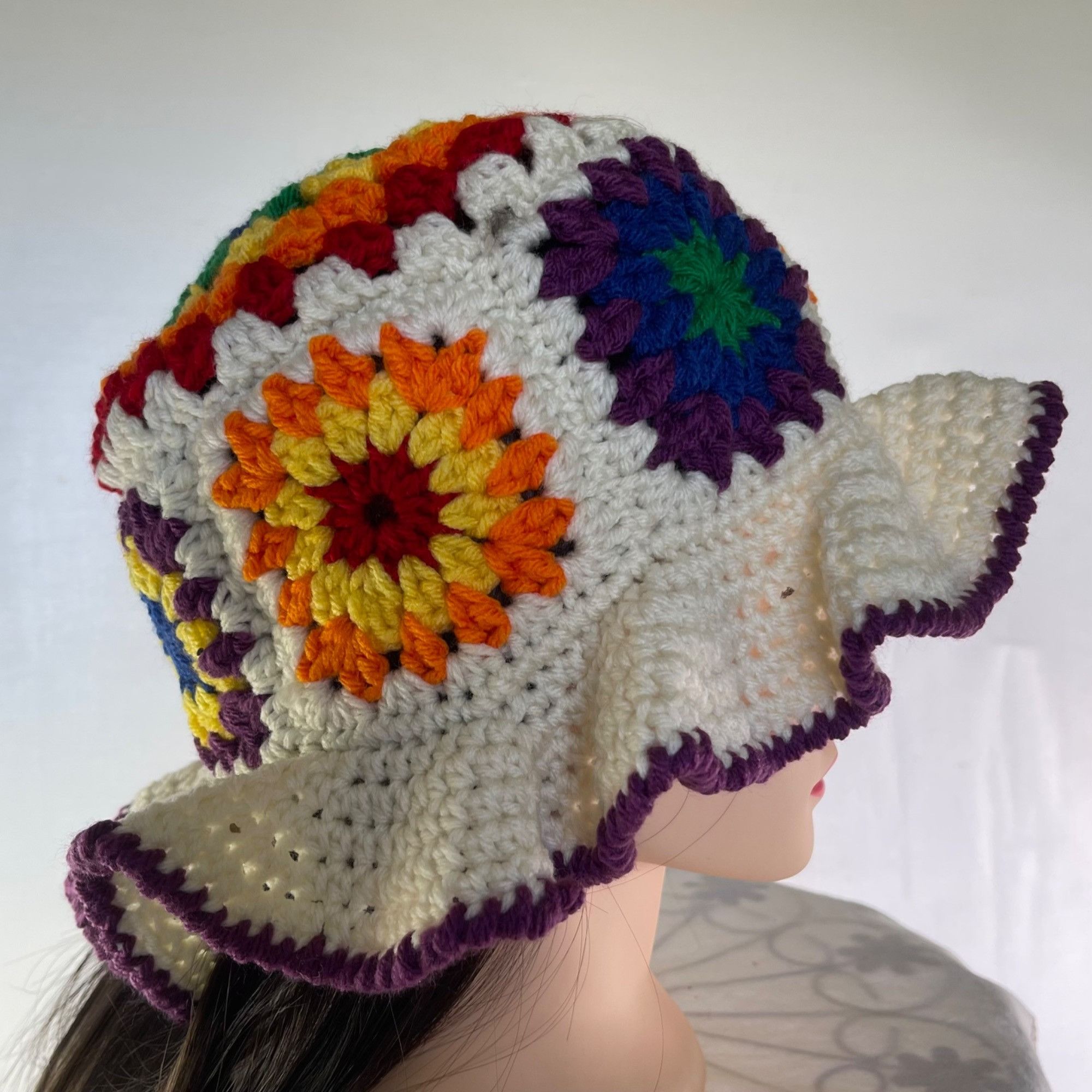 Handmade Crochet Bucket Hat Granny Square in Rainbow Colors and Off-W Size ONE SIZE - 1 Thumbnail