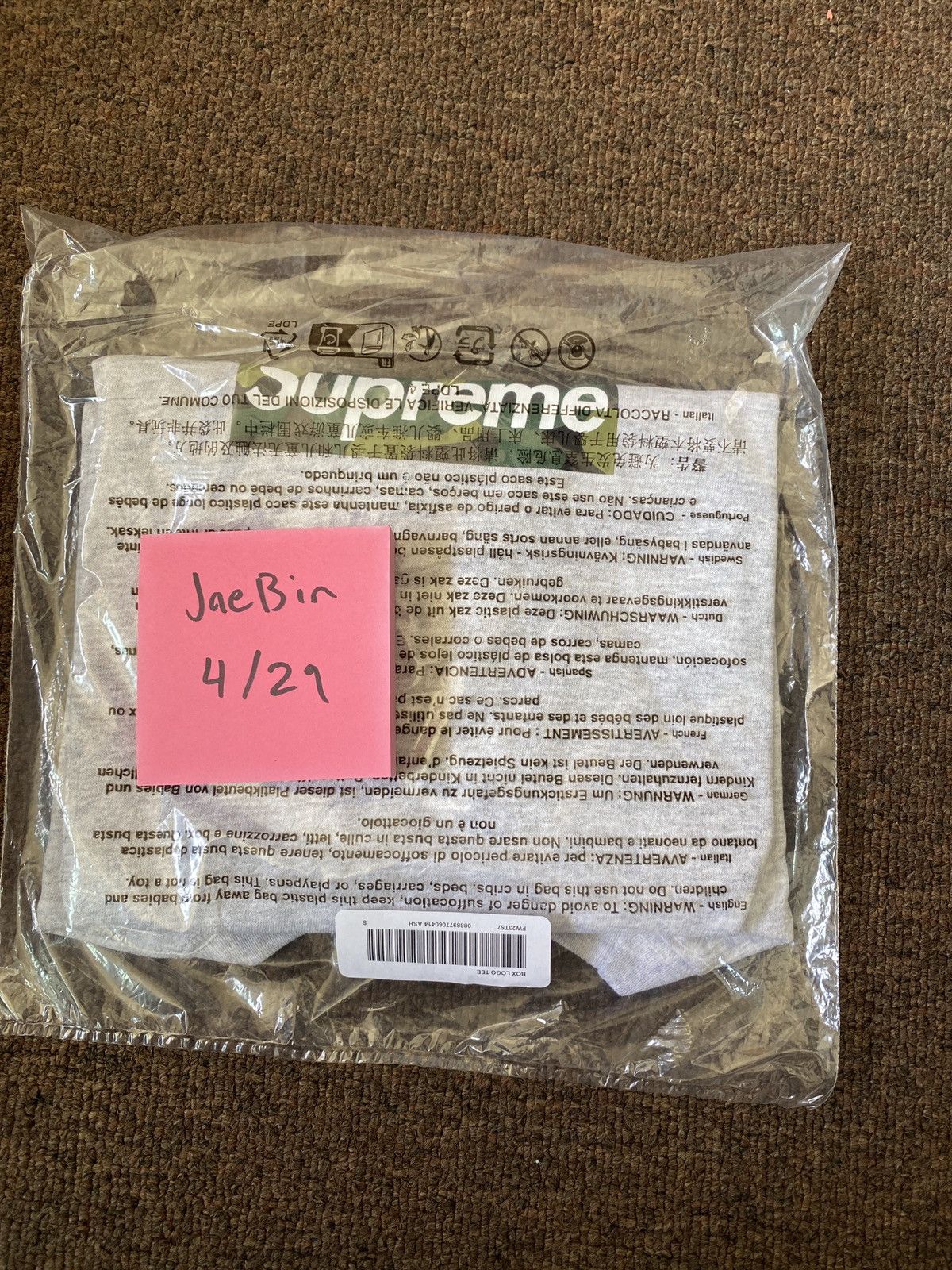 Image of Supreme Box Logo Tee Ash Grey Fw23 Size Small, Men's