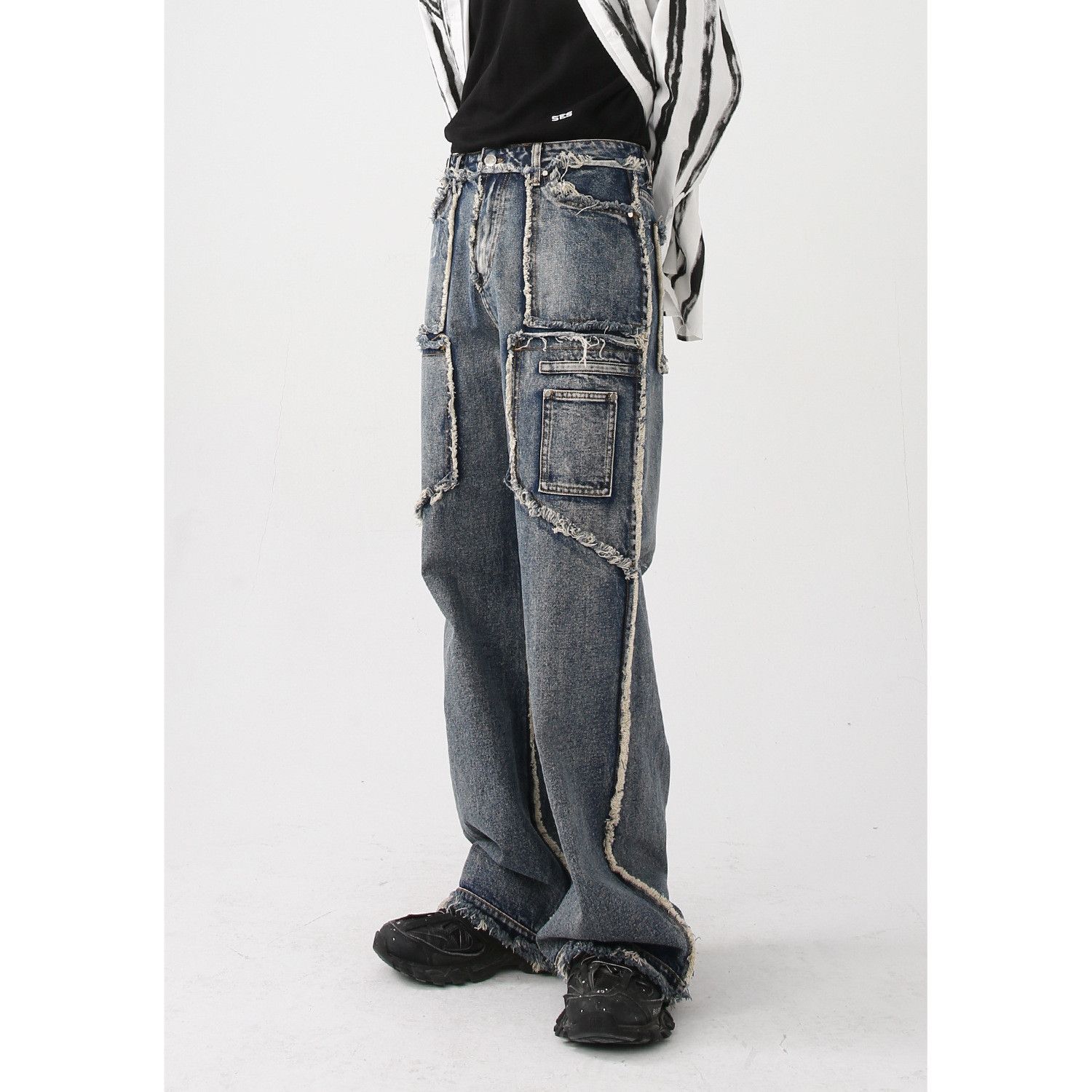 Japanese Brand × Jean Retro straight leg patchwork fringed jeans Size US 32 / EU 48 - 2 Thumbnail
