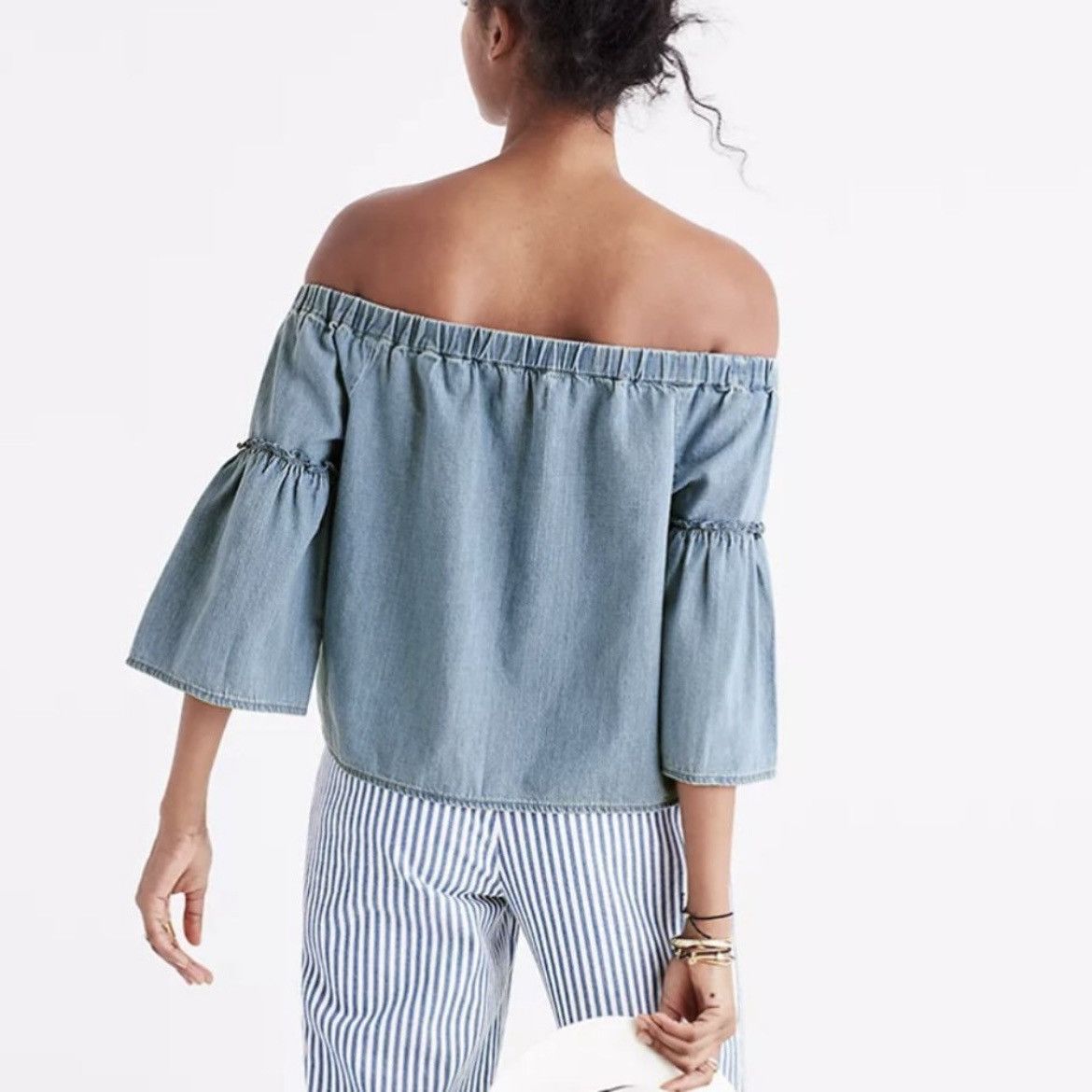Madewell Madewell Blue Denim Azalea Off-the-Shoulder Chambray Top Size M / US 6-8 / IT 42-44 - 2 Thumbnail