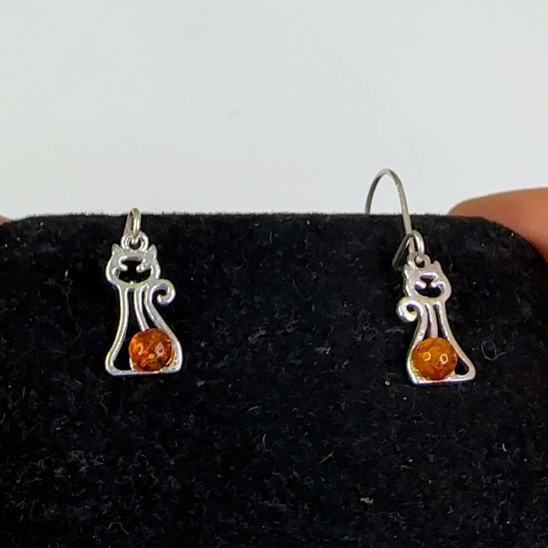Designer Sterling Silver Petite Baltic Amber Silver Kitten Earrings Size ONE SIZE - 4 Thumbnail