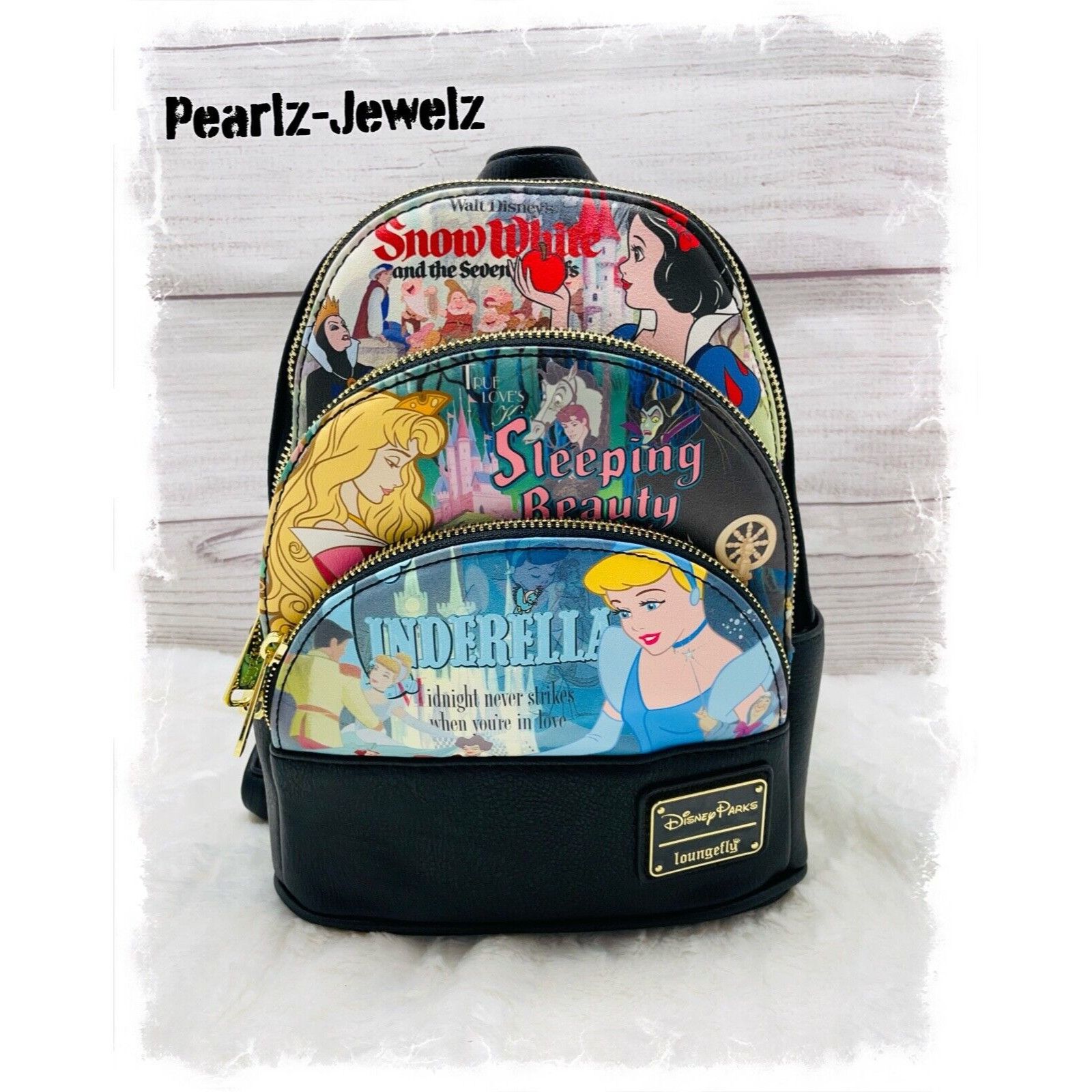 image of Loungefly Disney Parks Princess Trio Aurora Cinderella Snow in Black, Women's