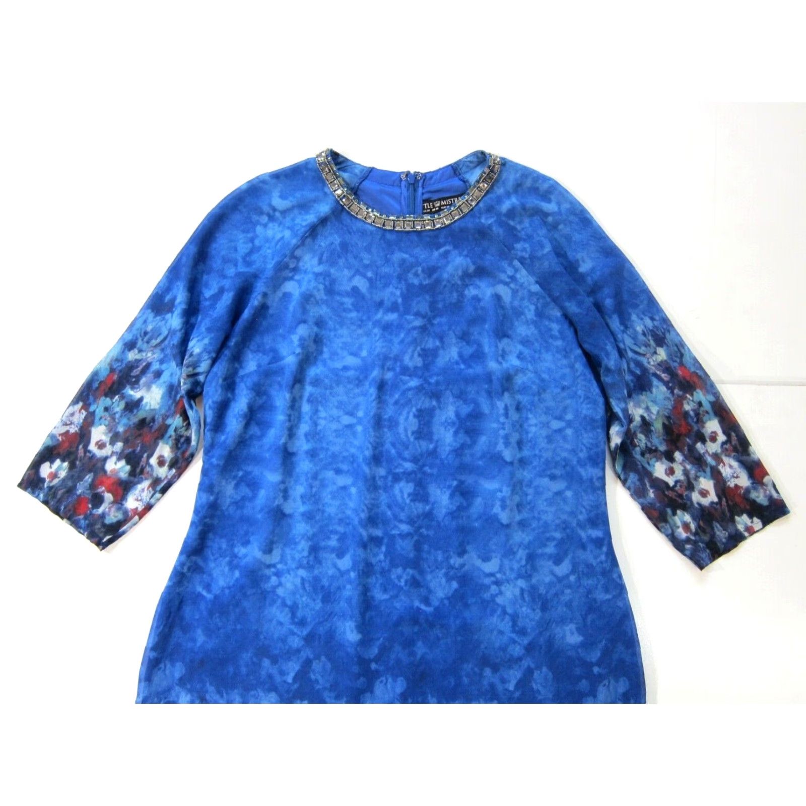 Vintage Little Mistress Kaftan Shift Dress 16 Women Blue Red Floral Beaded Diamond Neck 3/4 Sleeve Midi Dress Size XXL / US 16-18 / IT 52-54 - 3 Thumbnail