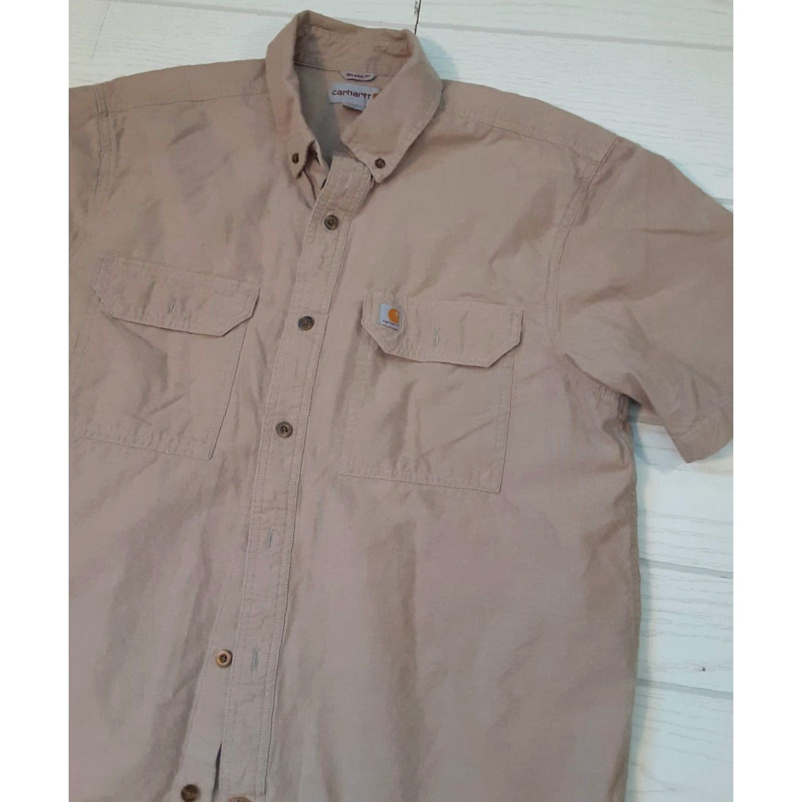 Carhartt VINTAGE Carhartt Shirt Short Sleeve L Relaxed Regular Khaki Brown Solid Men 90s Classic Shirt Mens L Size US L / EU 52-54 / 3 - 3 Thumbnail