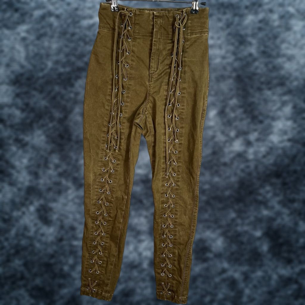 Vintage VINTAGE A.L.C. Women's 4 Green Kingsley Lace Up Pant Grommets Cropped Punk Rock Pants Cropped Lace Up Size 27" / US 4 / IT 40 - 1 Thumbnail