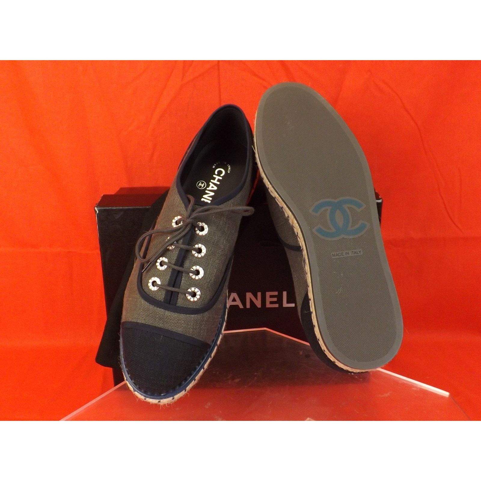 Chanel CHANEL GREEN BLACK CANVAS PEARLS CC ESPADRIL OXFORDS FLAT 40 Size US 10 / IT 40 - 6 Thumbnail