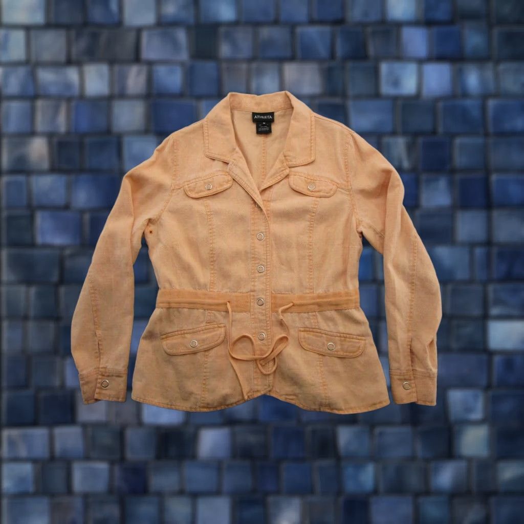 Athleta VINTAGE Athleta Jacket Women M Orange Linen Twill Pockets Cinch Snap Button Long Sleeve Mid-Length Casual Workwear Size M / US 6-8 / IT 42-44 - 1 Thumbnail