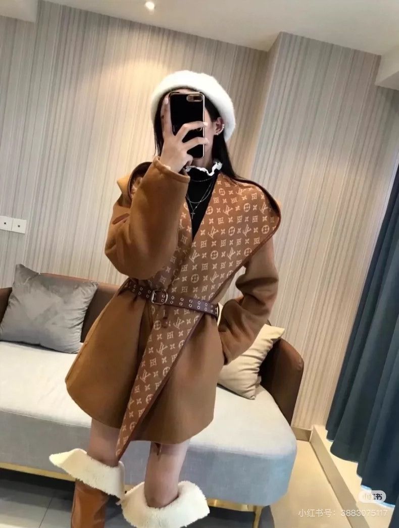 Louis Vuitton LOUIS VUITTON Caramel Patchwork Bathrobe Hooded Coat 2504-N Size XS / US 0-2 / IT 36-38 - 9 Thumbnail
