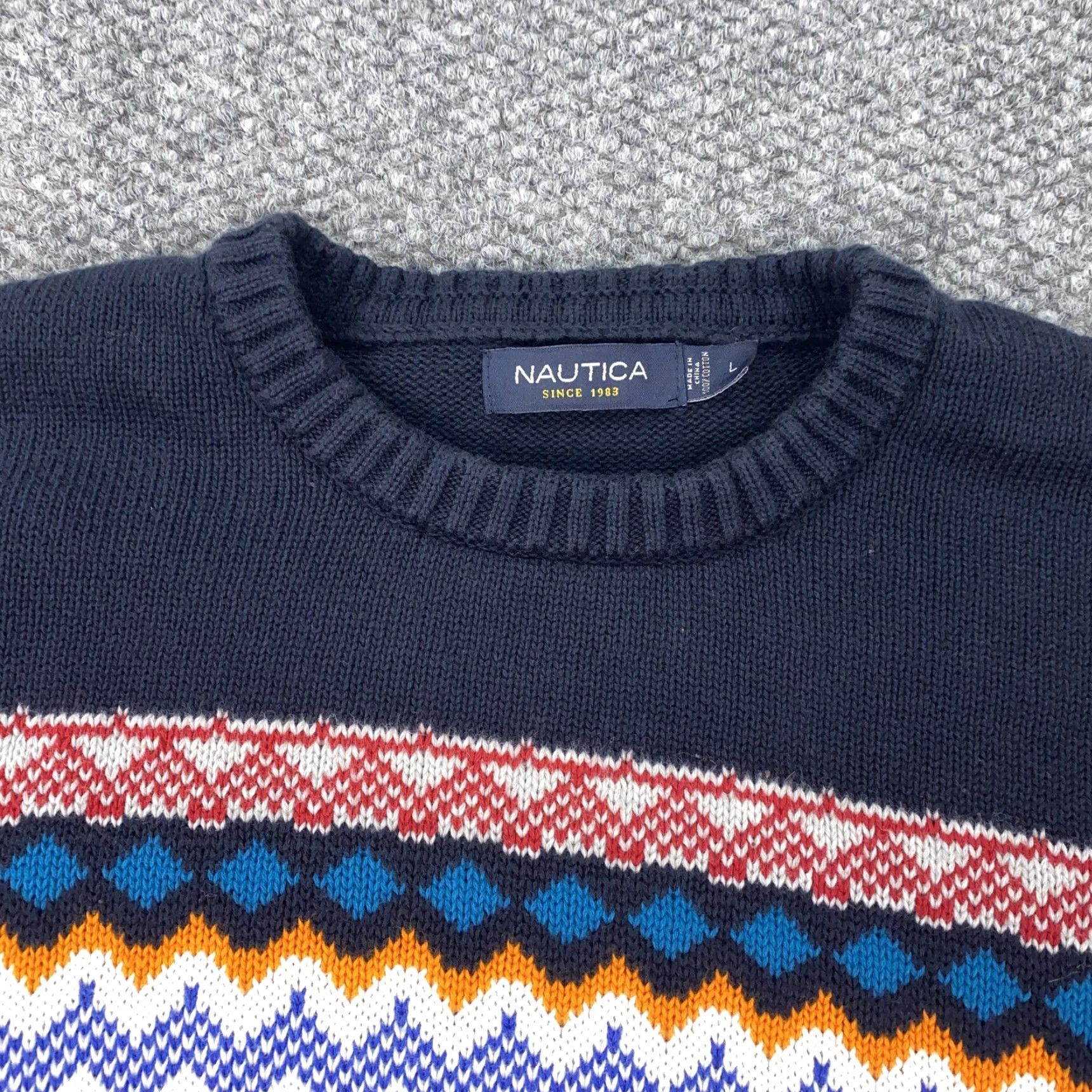 Nautica NAUTICA Sweater Mens Large Blue Fair Isle Crewneck Pullover Knit Cotton Preppy Size US L / EU 52-54 / 3 - 3 Thumbnail