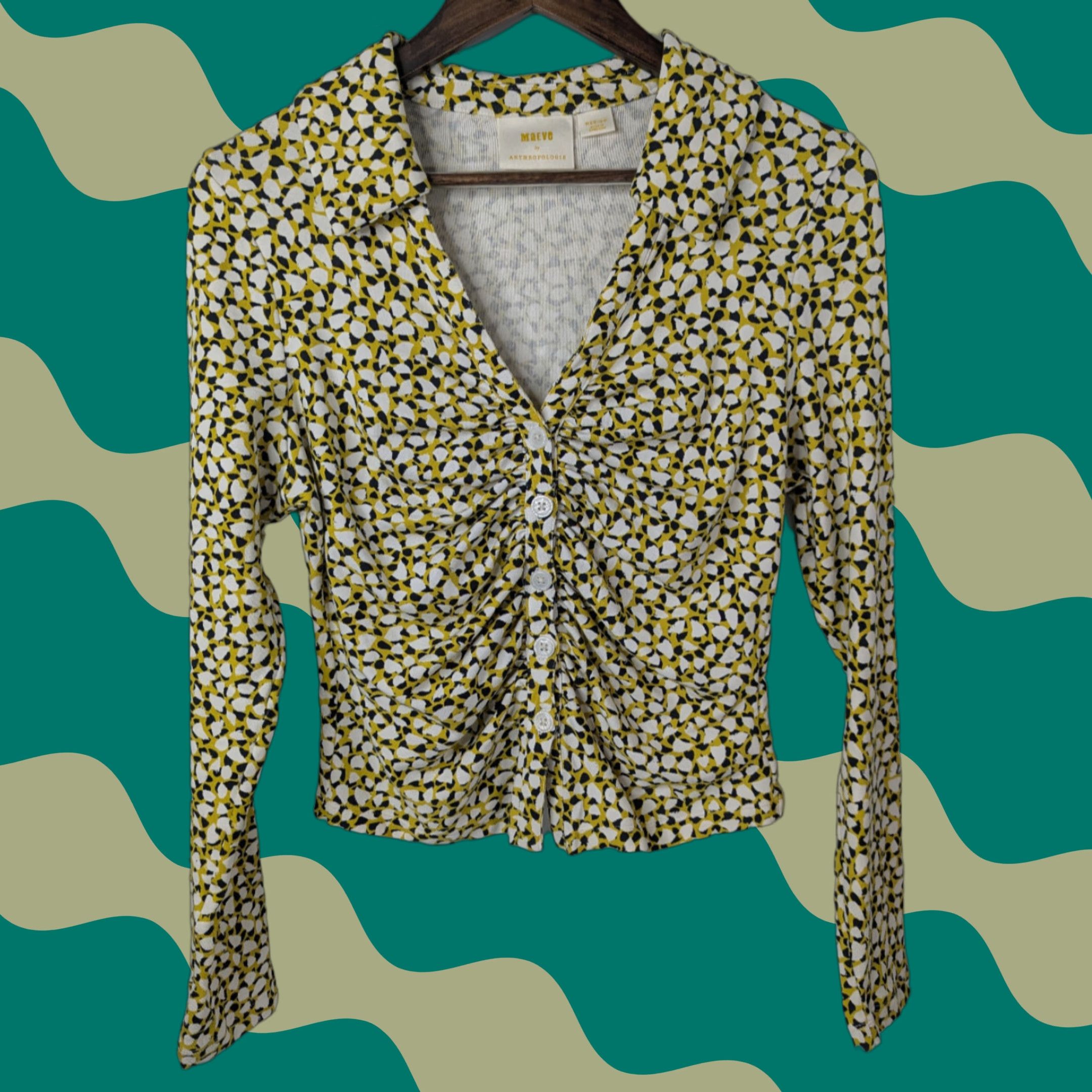 Vintage Maeve Anthropologie Blouse Shirt V-Neck Button Geometric Pattern Yellow Size M Women Size M / US 6-8 / IT 42-44 - 1 Thumbnail