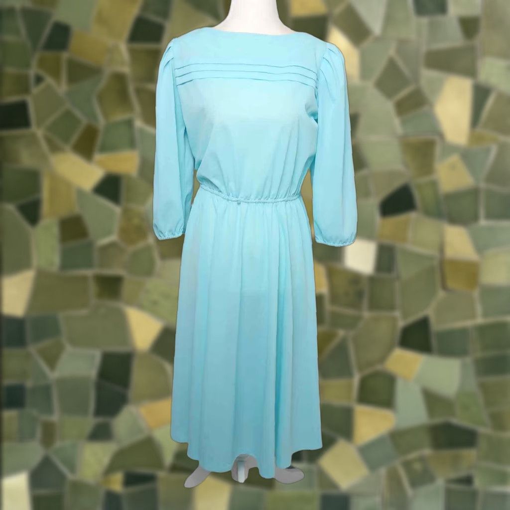 VINTAGE 70s Lady Carol Blue Blouson Midi Dress 12 Work Secretary/Geek -  Polyester - Turquoise - Length 44 - Elastic Waist - Excellent Condition -  ilac.rochib.com