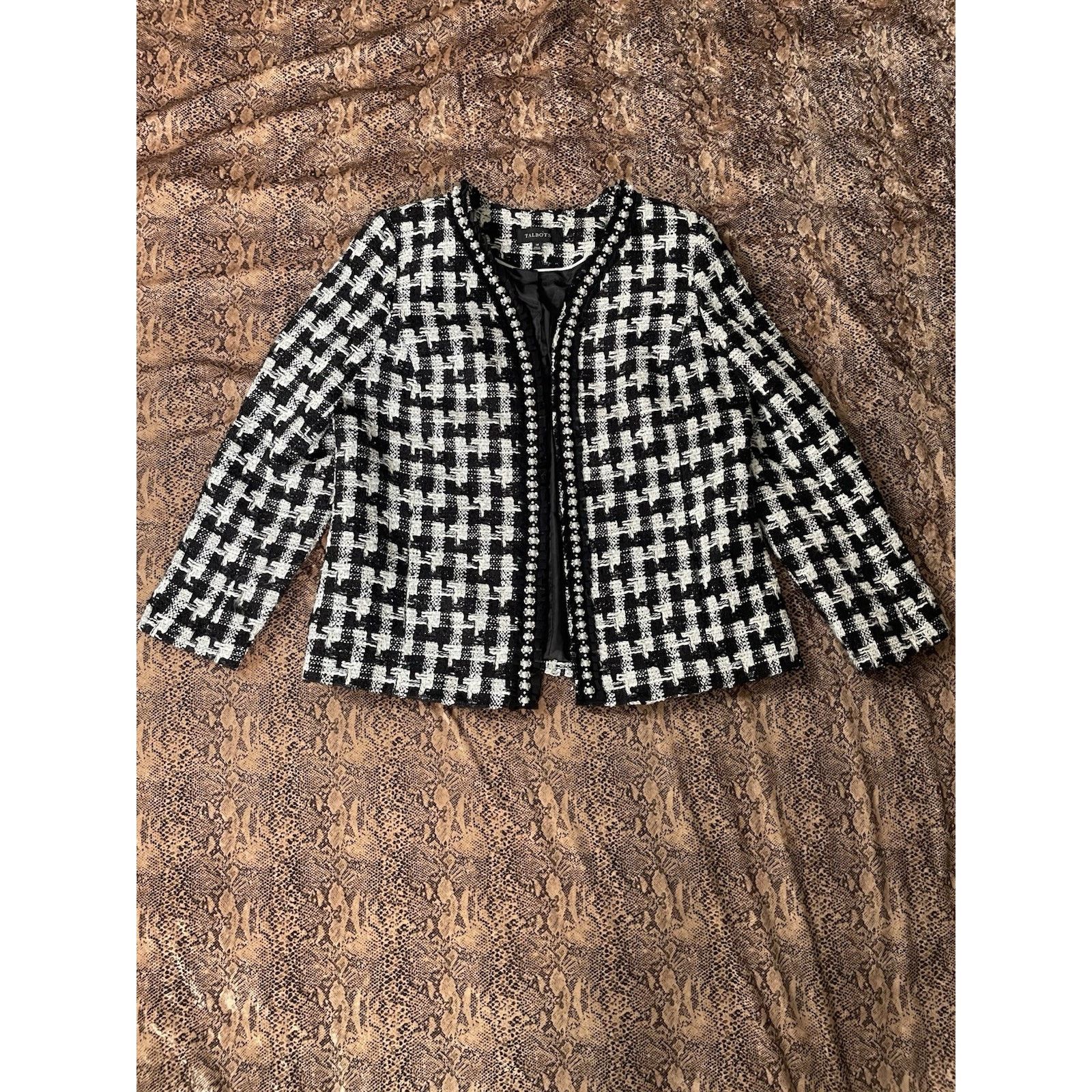 Talbots Talbots Houndstooth Black White Pearl Trim Tweed Blazer 14 Size XL / US 12-14 / IT 48-50 - 3 Thumbnail