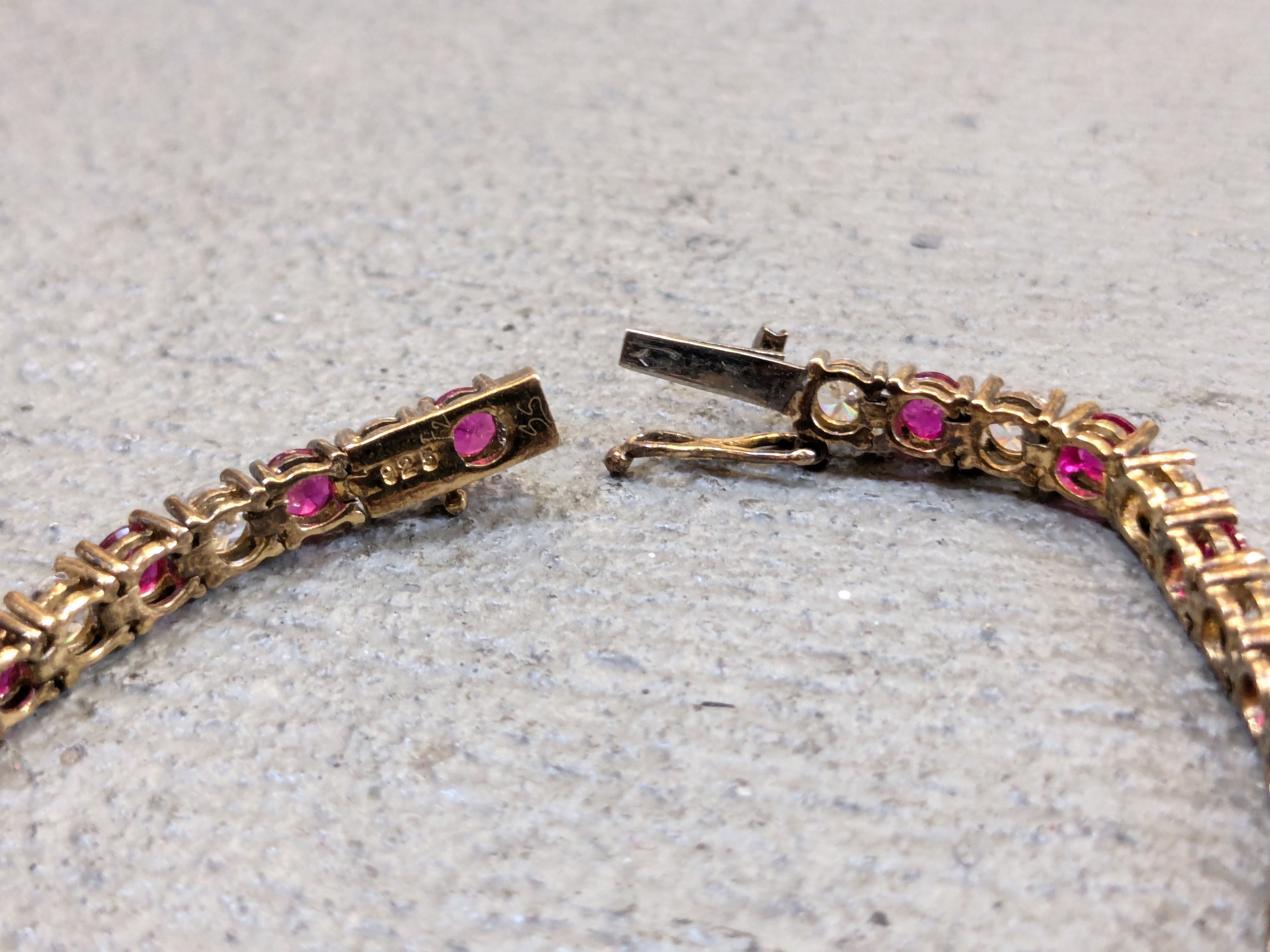 Jewelry Vintage Sterling Silver Bracelet 7.5" Red Ruby CZ Round Gold Size ONE SIZE - 12 Thumbnail