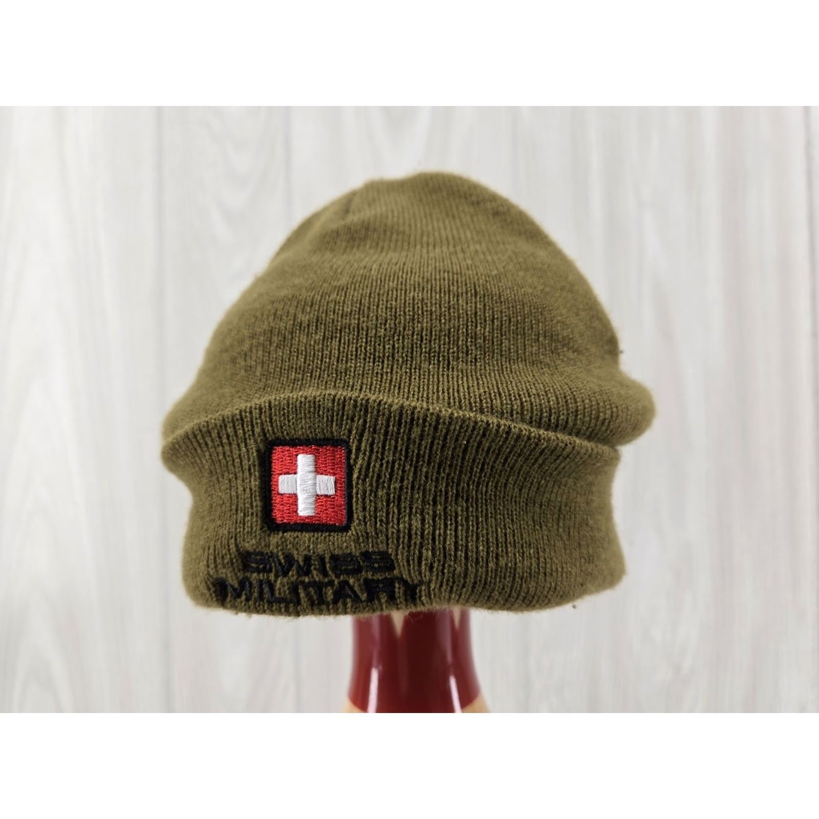 Vintage Swiss Military Beanie Cap Winter Hats Mens One Size Green Beanie Winter Cap Logo Solid Beanie Mens Size ONE SIZE - 2 Thumbnail