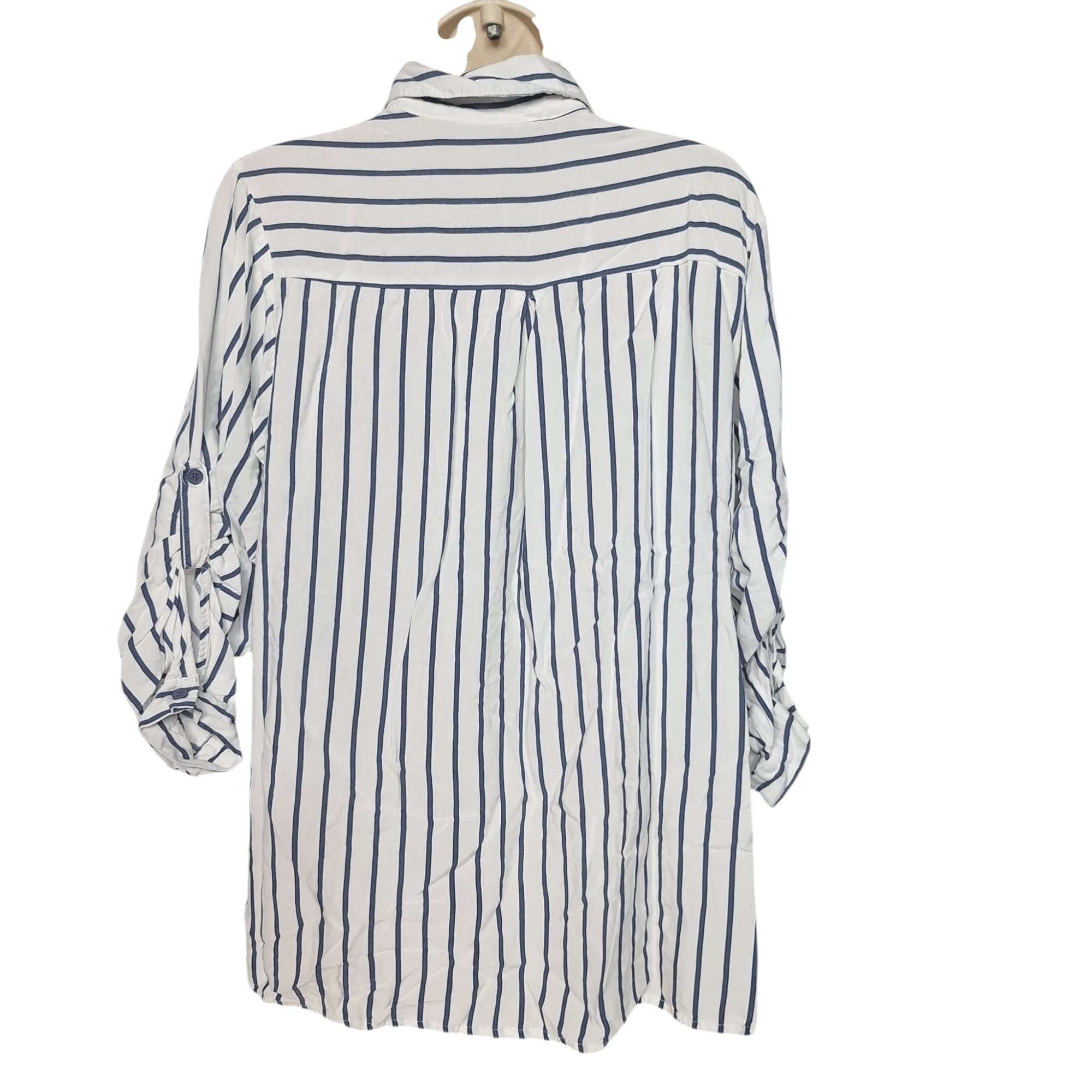 Other Miss Lili Blue White Striped Button Up Shirt Roll Tab Sleeve Size XL / US 12-14 / IT 48-50 - 3 Thumbnail
