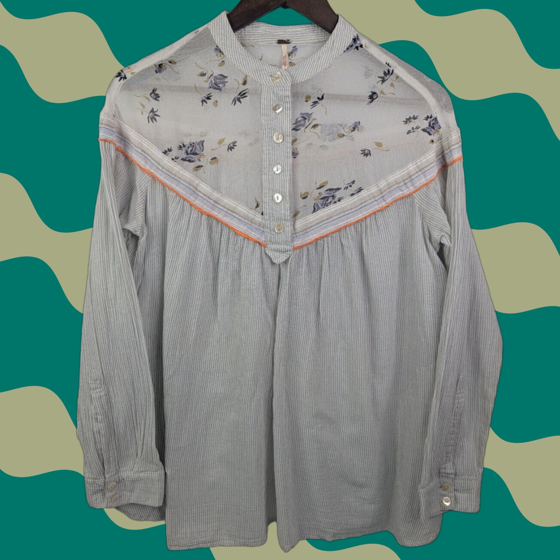 Free People Free People Shirt XS Ivory Striped Floral Pockets Lightweight Breathable Boho Hippie Bohemian Casual Relaxed Size XS / US 0-2 / IT 36-38 - 1 Thumbnail