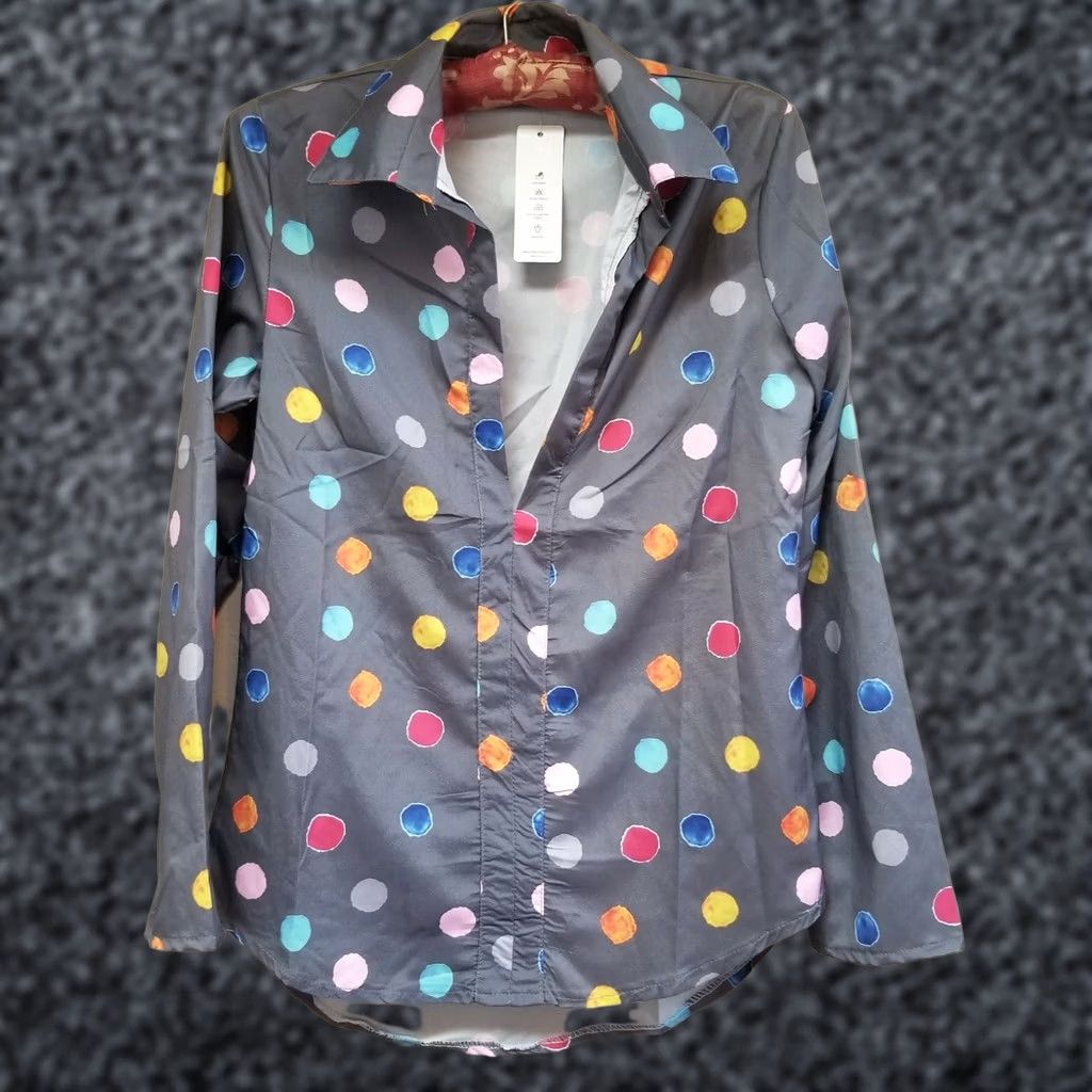 Vintage OC Order Plus Women Blouse Top Small Gray Polka Dot V-Neck Long Sleeve Casual Size S / US 4 / IT 40 - 1 Thumbnail