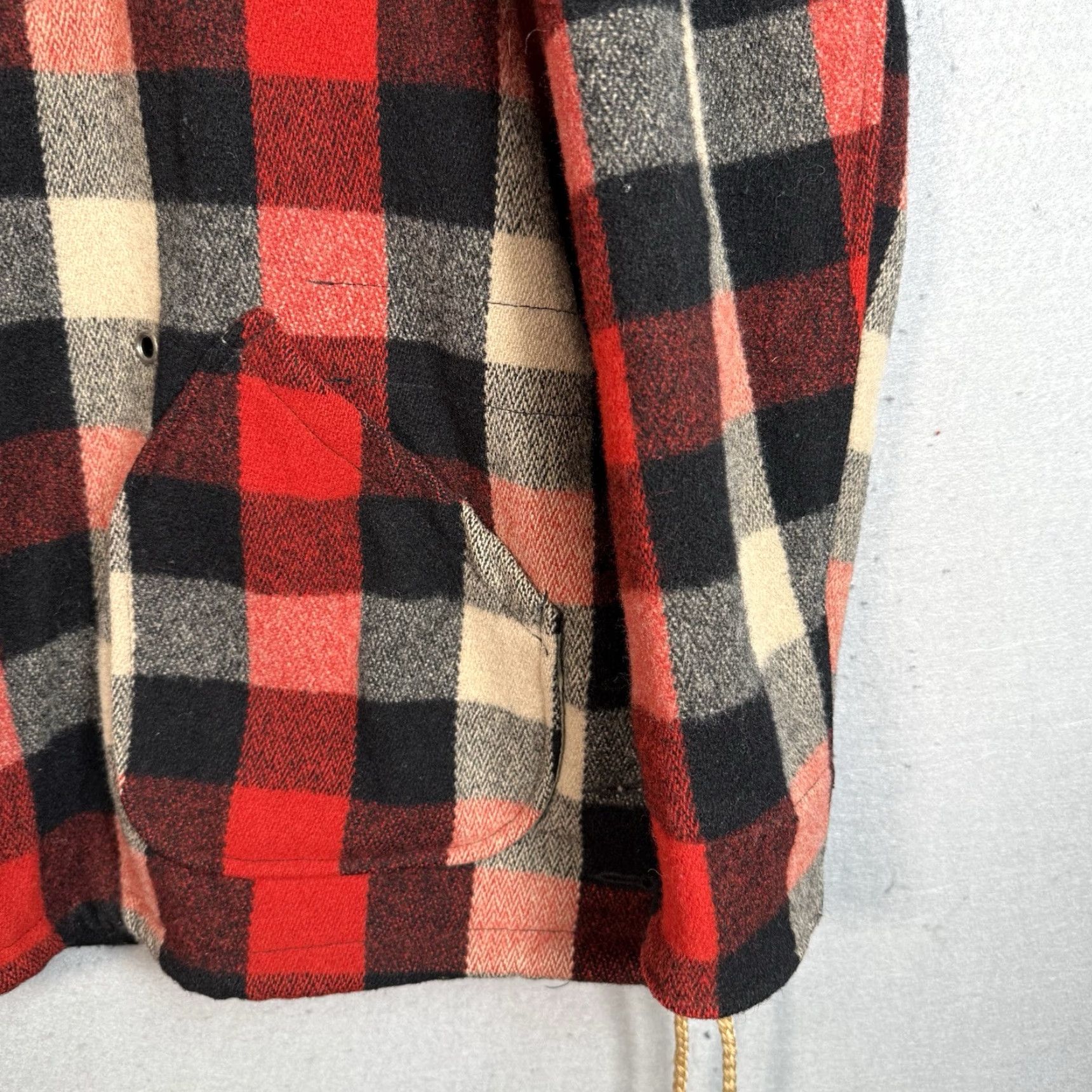 VINTAGE Schott Bros Plaid Wool Coat Adult Small Red Fur Hood Anorak Mens