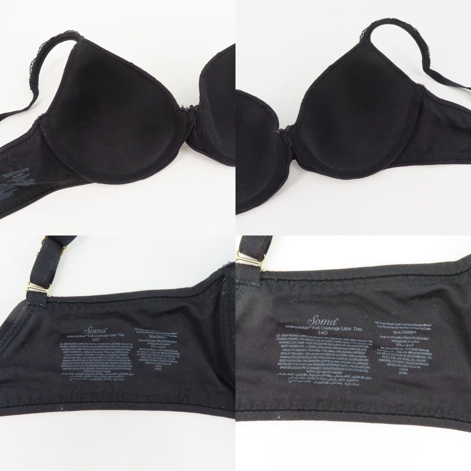 Vintage Soma Embraceable Bra - 34D - Black - Full Coverage, Lined, Underwire - T-Shirt Style, Solid Lace Trim, Hook & Eye Closure - Women, 34D, N/A Size ONE SIZE - 8 Thumbnail