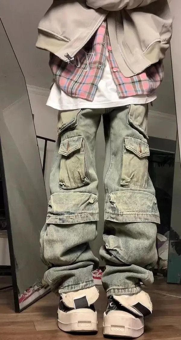 VIBE Retro yellow mud-dyed washed distressed multi-pocket jeans Size US 34 / EU 50 - 8 Thumbnail