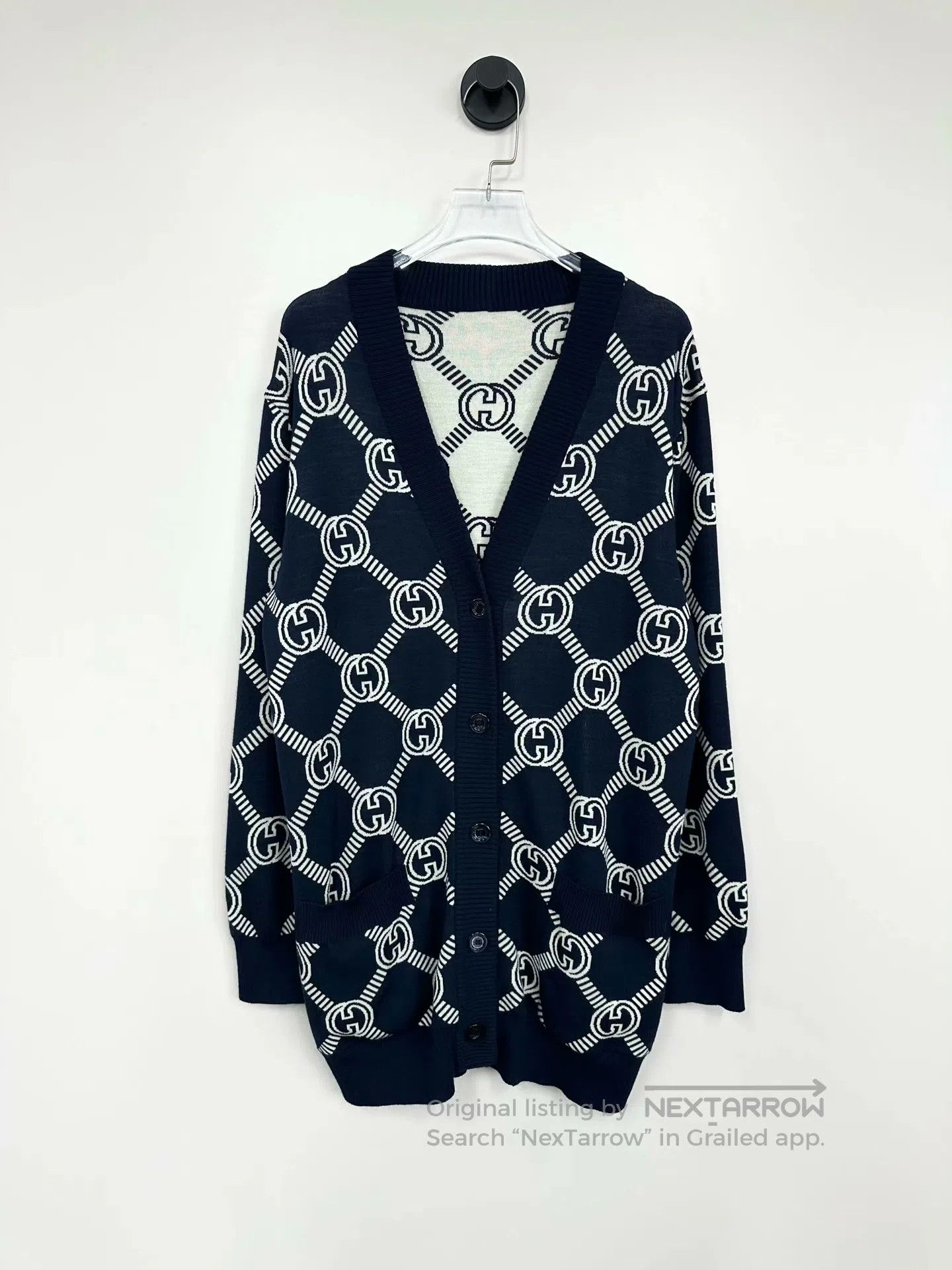 Gucci Guicci Dark blue logo print double-sided wool knit cardiga Size US XS / EU 42 / 0 - 1 Thumbnail