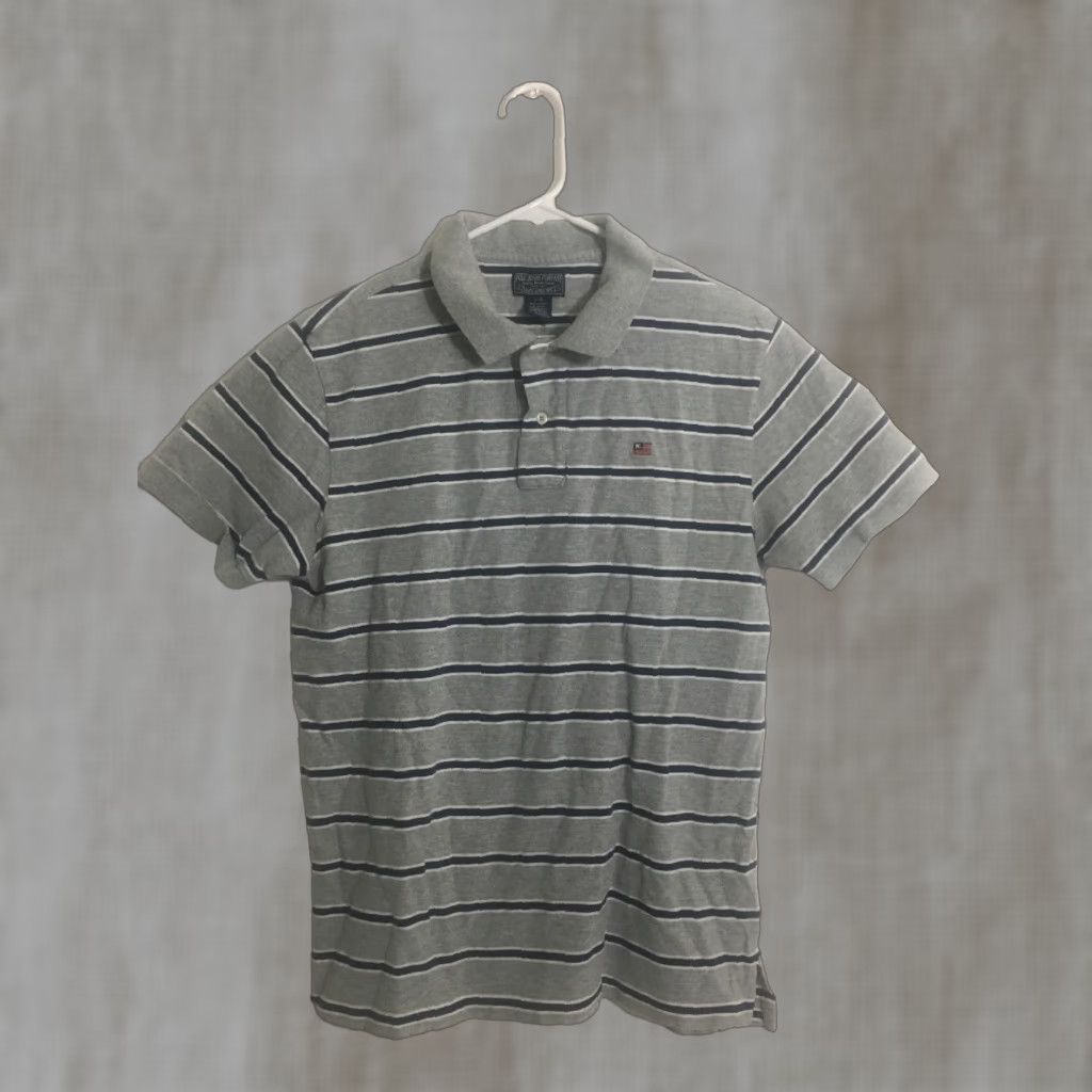 Vintage Ralph Lauren Polo Jeans Co. Mens L Short Sleeve Gray Navy Blue Stripe Polo Shirt Size US L / EU 52-54 / 3 - 1 Thumbnail