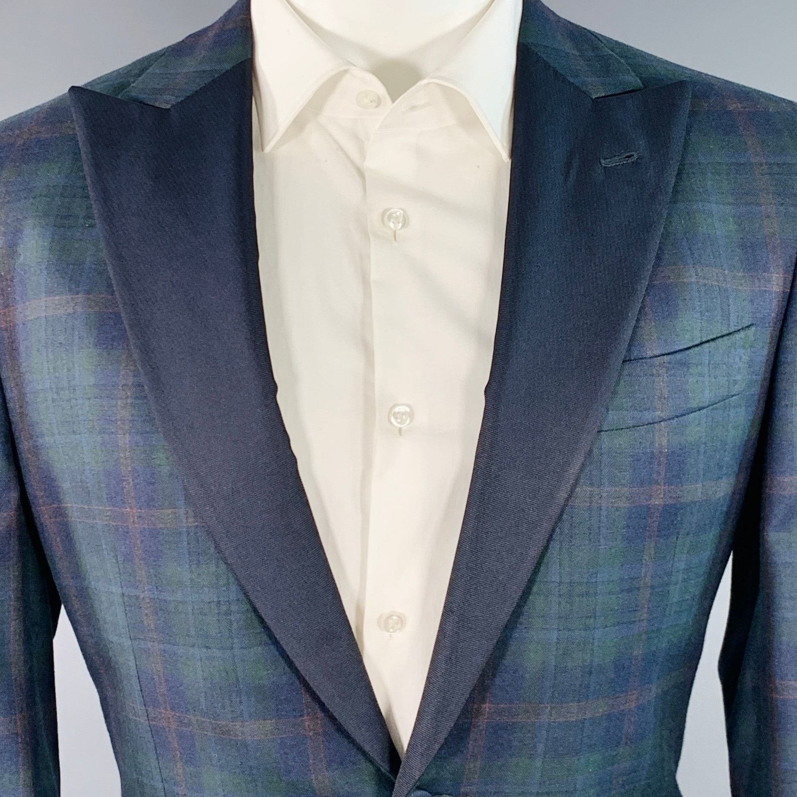 Isaia ISAIA Size 40 Green Navy Plaid Wool Peak Lapel Sport Coat Size 40R - 2 Thumbnail